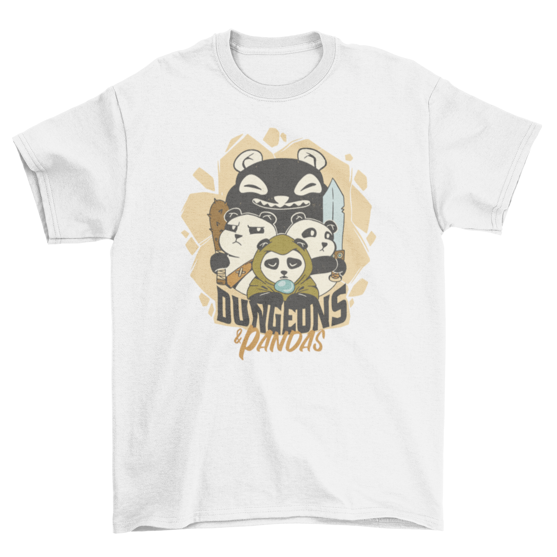 Dungeons and Pandas t-shirt featuring panda characters in costumes with the quote 'Dungeons and Pandas'.