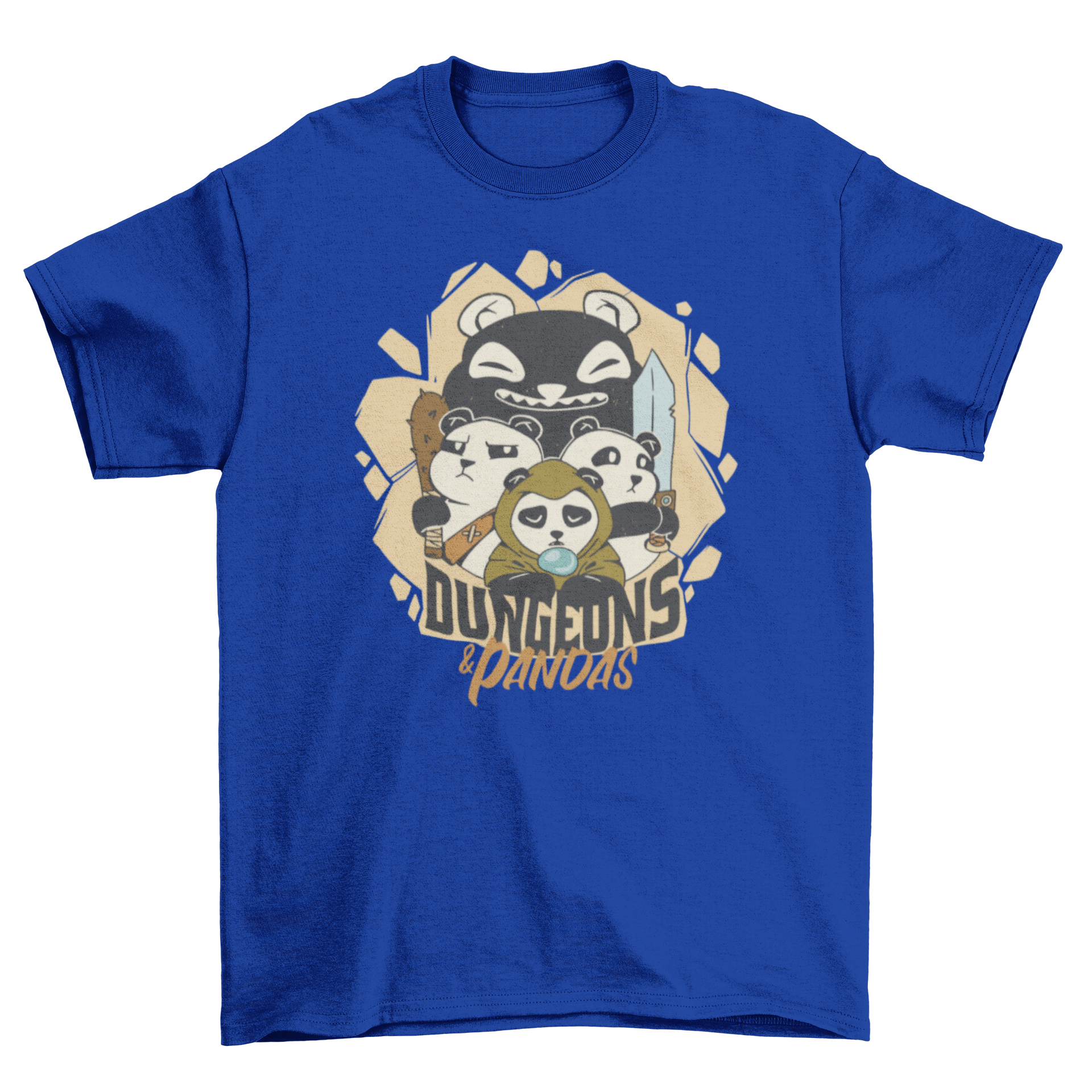 Dungeons and Pandas t-shirt featuring panda characters in costumes with the quote 'Dungeons and Pandas'.