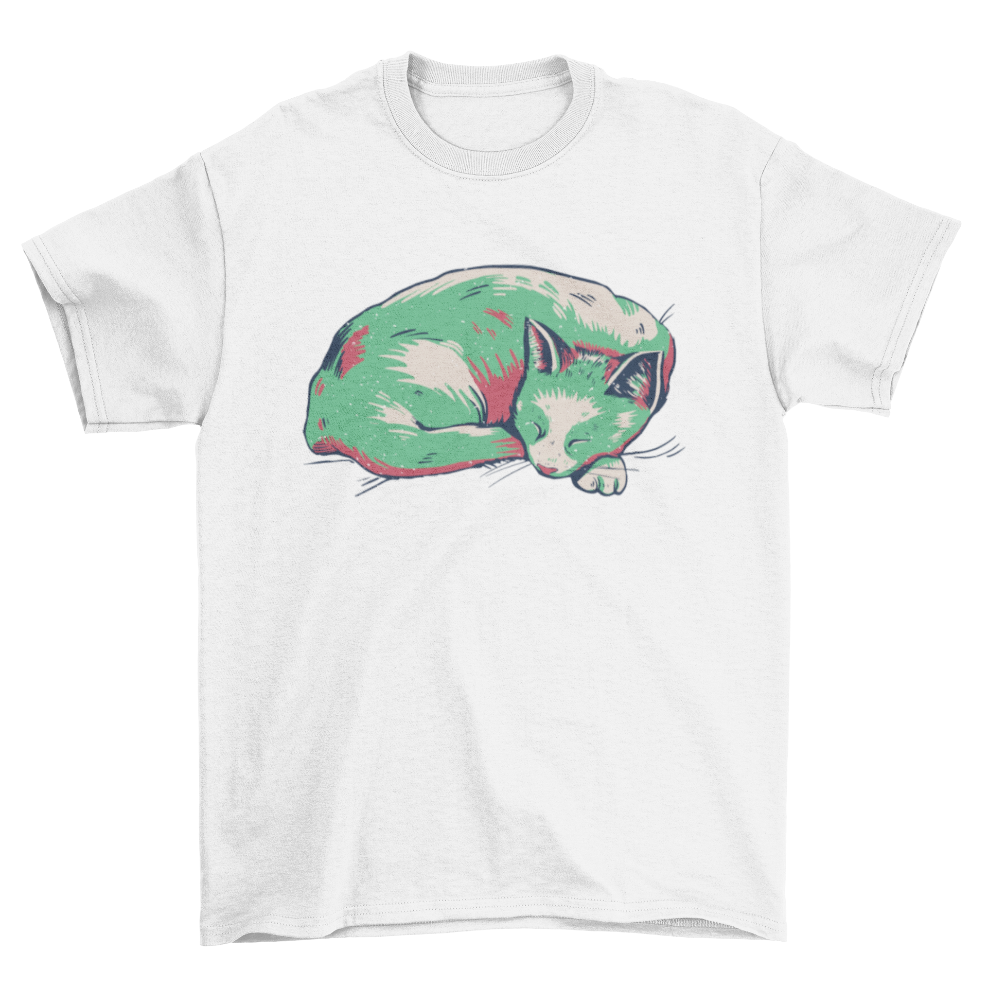 A stylish duotone t-shirt featuring a sleeping cat design, perfect for cat lovers.