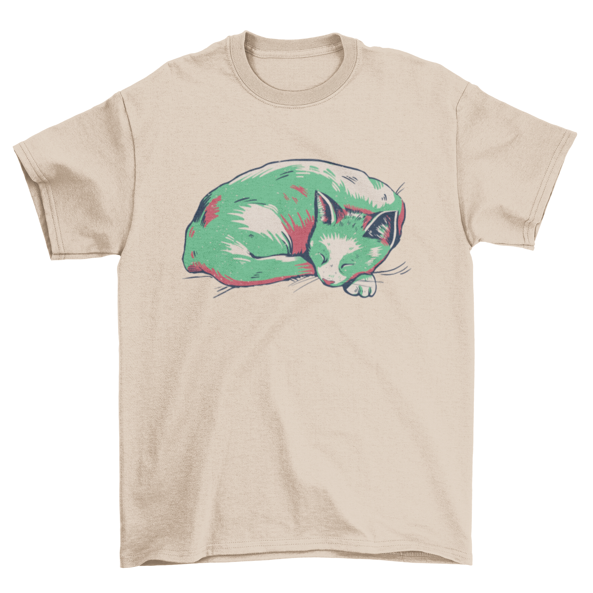 A stylish duotone t-shirt featuring a sleeping cat design, perfect for cat lovers.