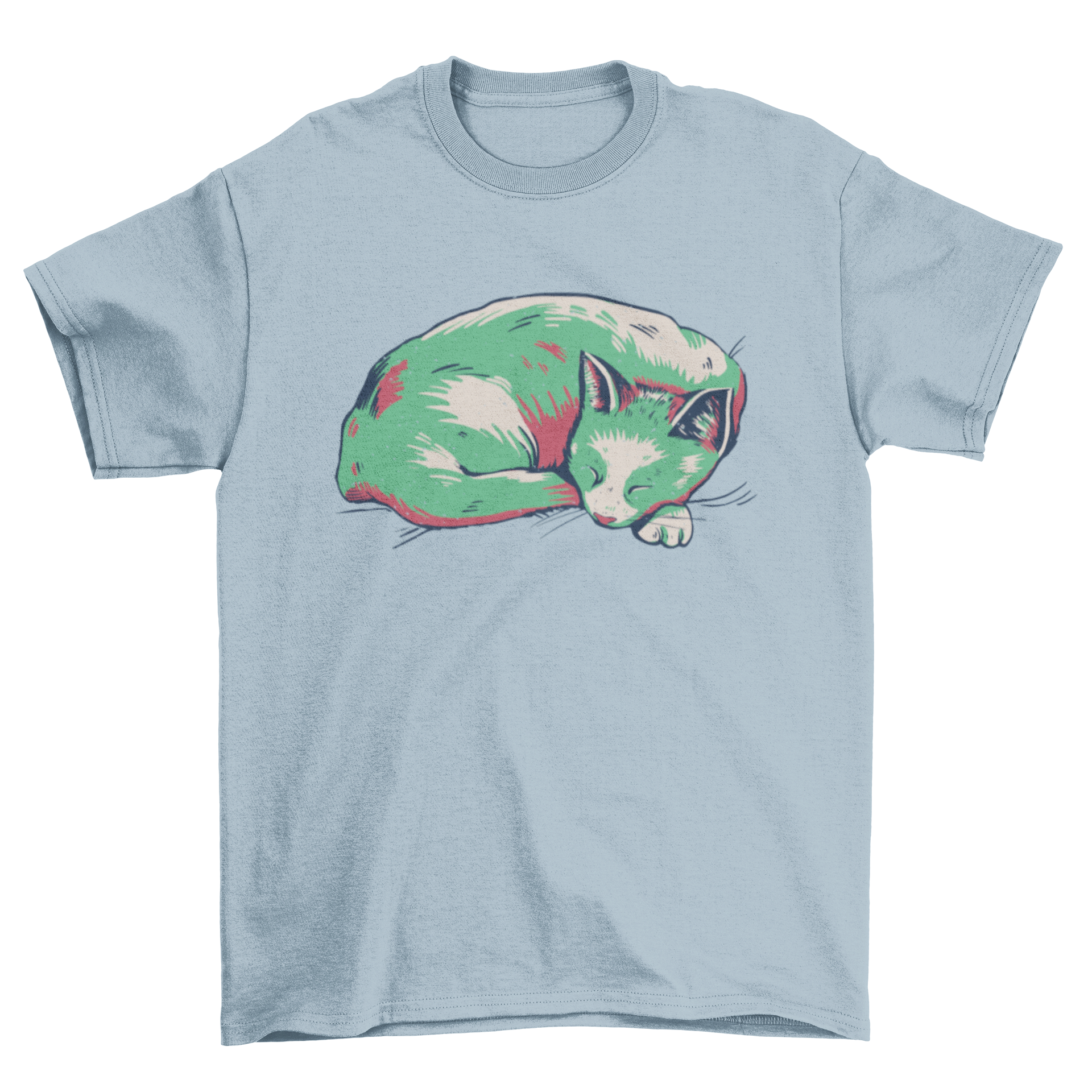 A stylish duotone t-shirt featuring a sleeping cat design, perfect for cat lovers.