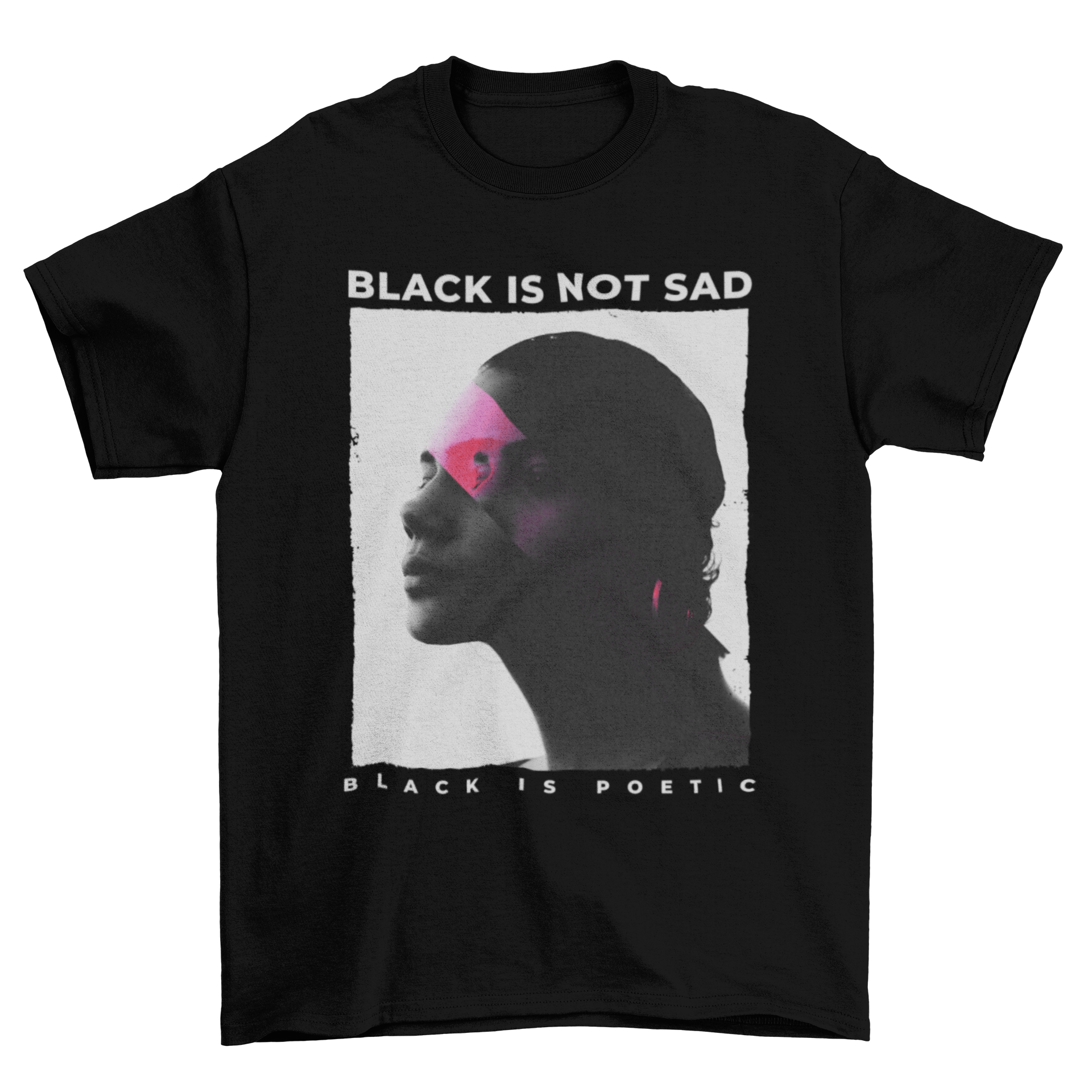 A stylish duplicate t-shirt design featuring empowering images of women and the quote 'black is not sad' in bold lettering.