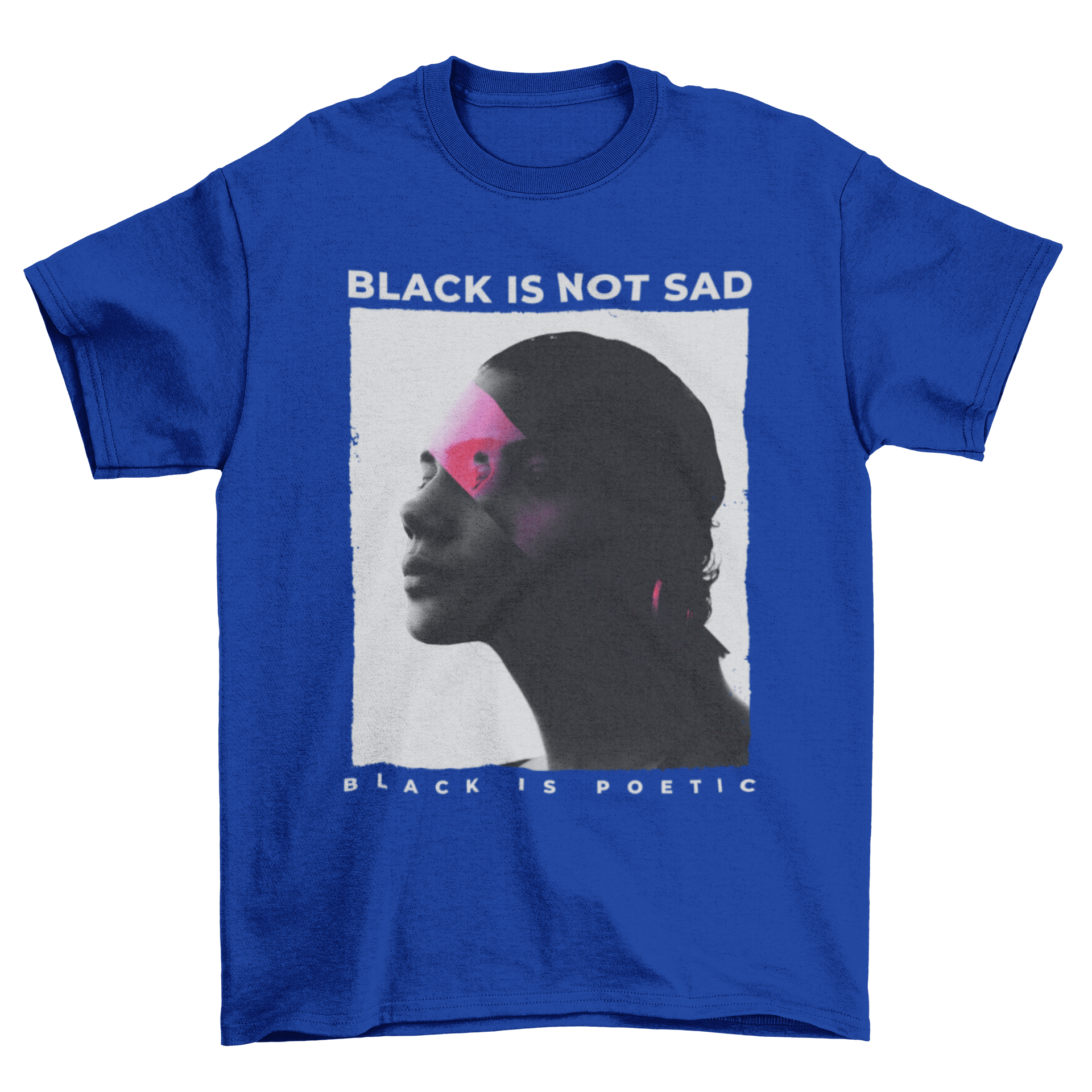 A stylish duplicate t-shirt design featuring empowering images of women and the quote 'black is not sad' in bold lettering.