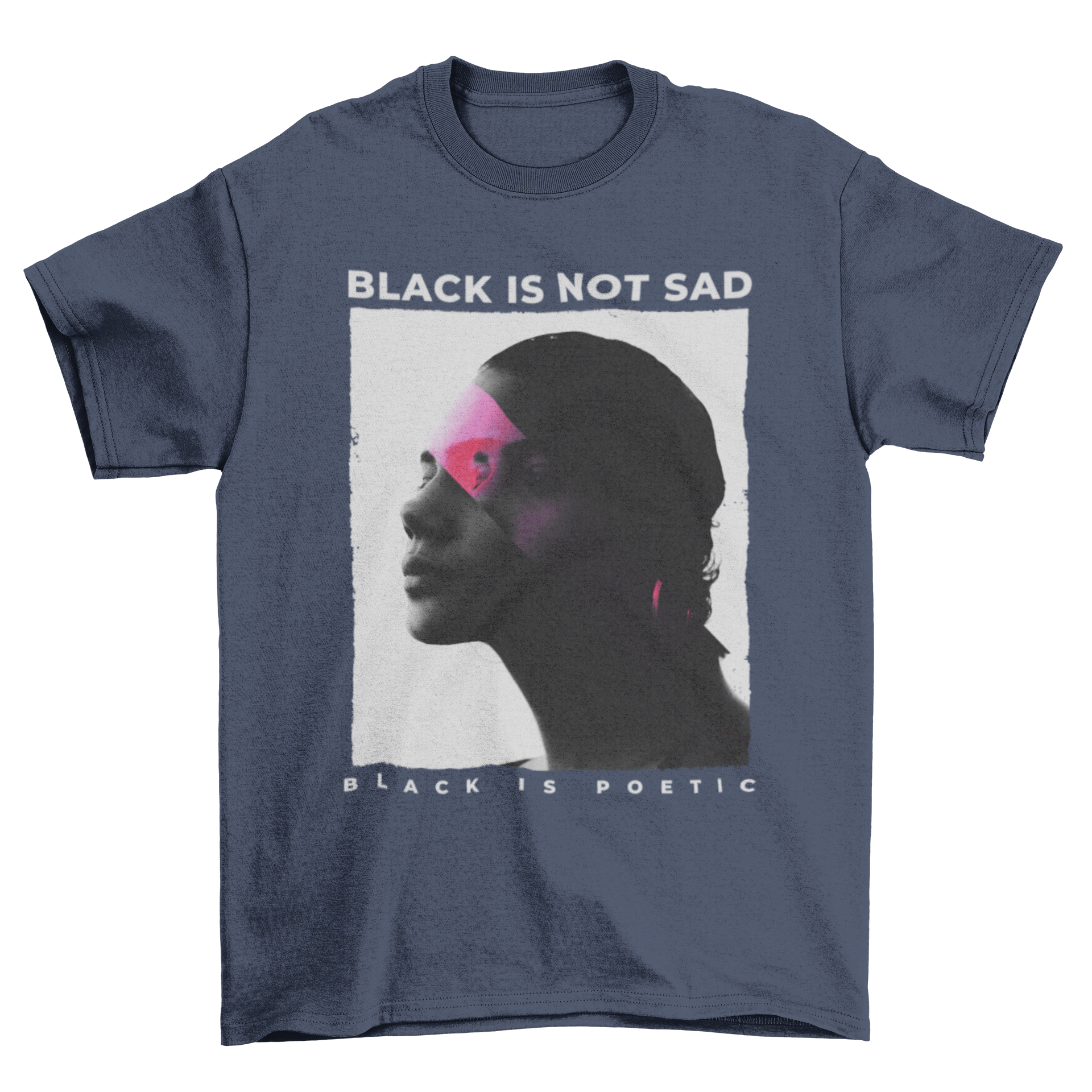 A stylish duplicate t-shirt design featuring empowering images of women and the quote 'black is not sad' in bold lettering.