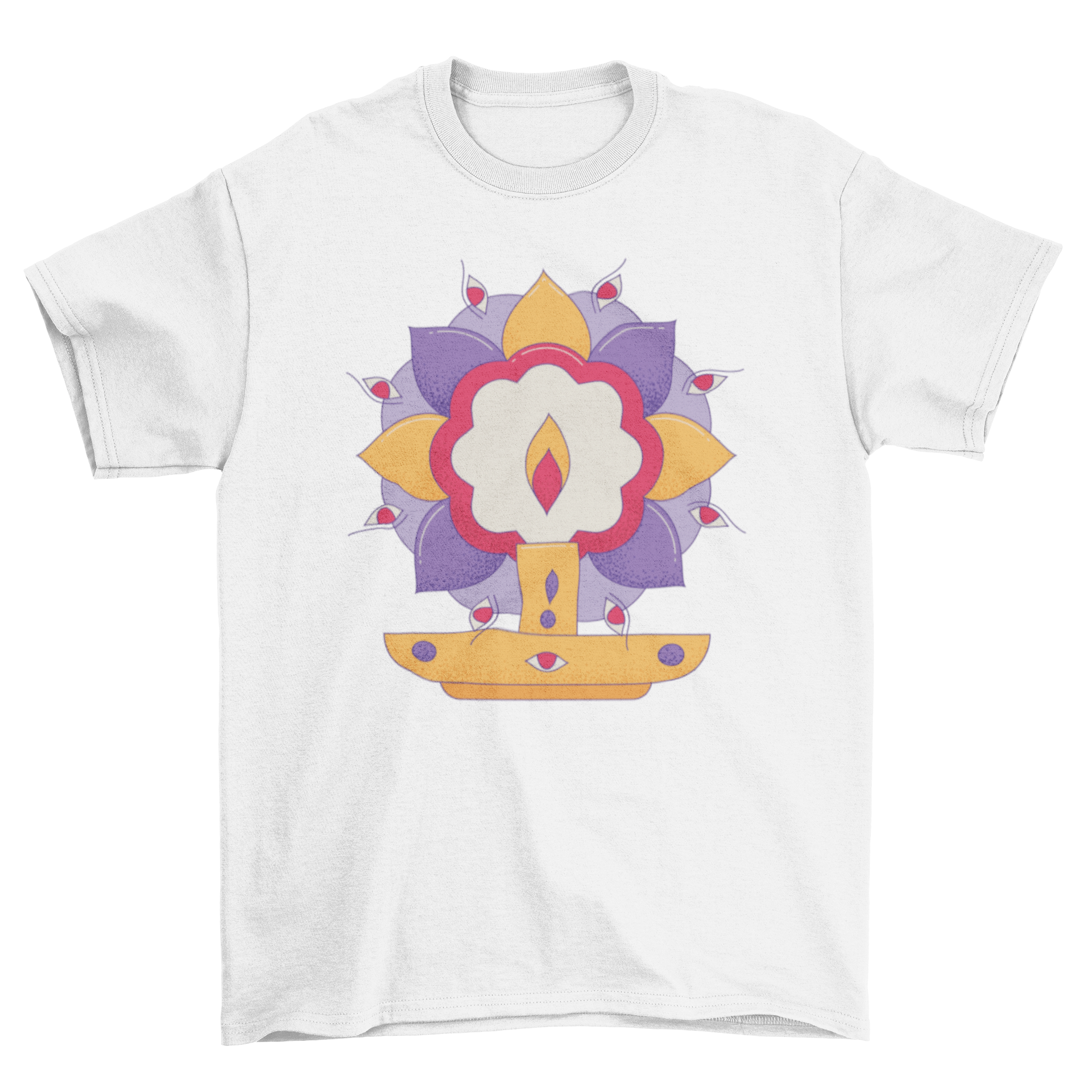 A vibrant Durga Puja t-shirt featuring intricate designs and festive colors, perfect for celebrating the Hindu festival.