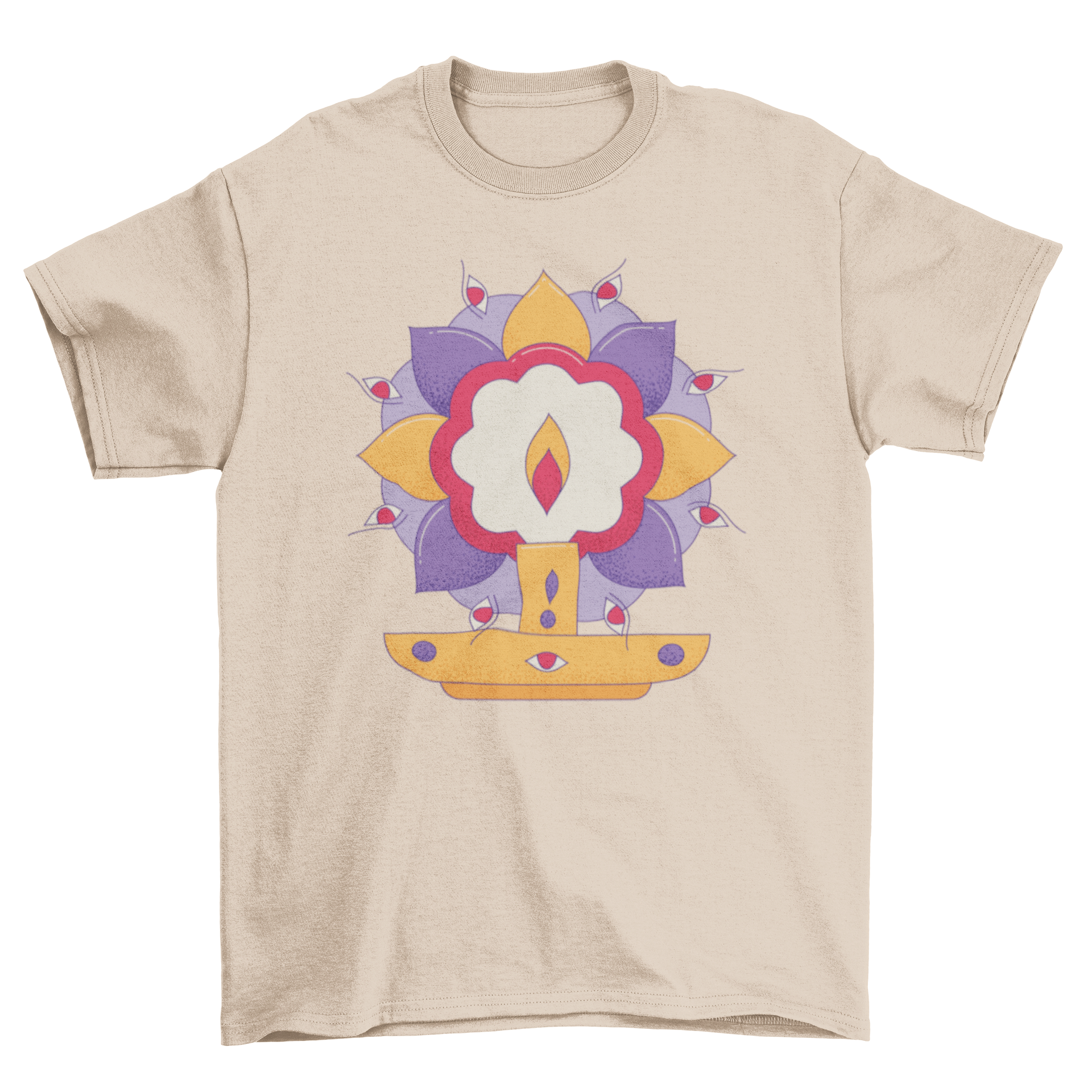 A vibrant Durga Puja t-shirt featuring intricate designs and festive colors, perfect for celebrating the Hindu festival.