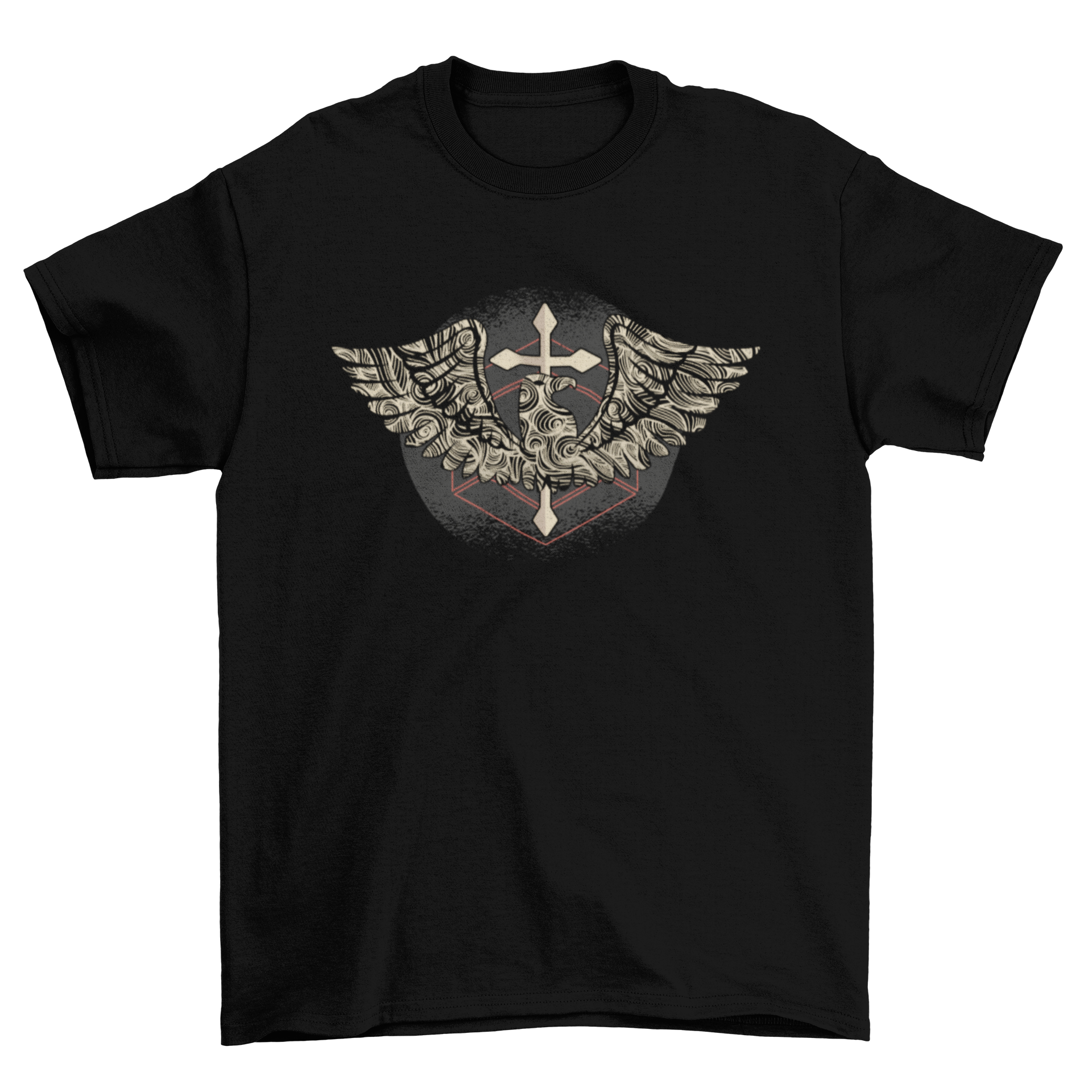 Eagle Cross T-Shirt featuring a majestic eagle with spread wings and swirl ornaments over a Christian cross design.