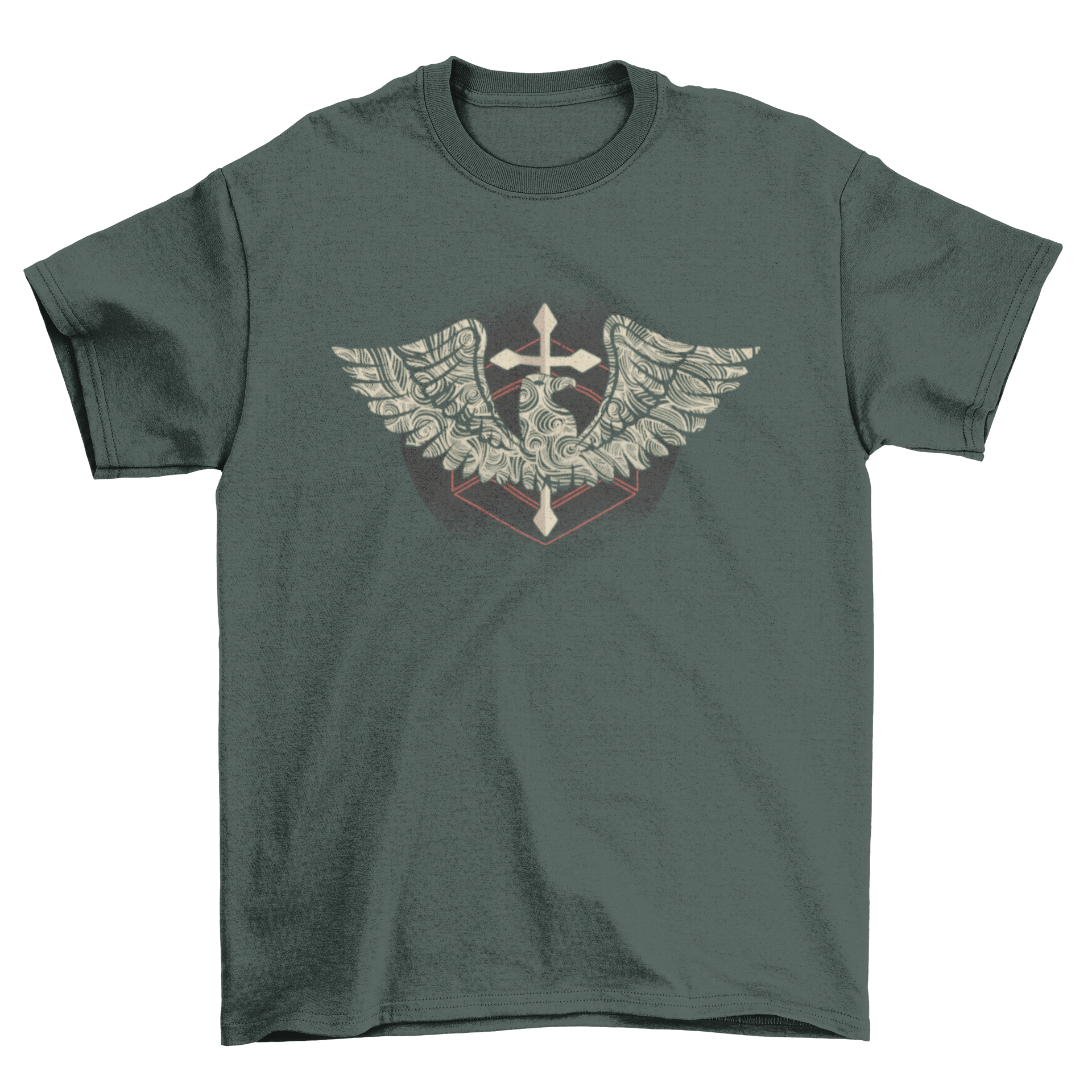 Eagle Cross T-Shirt featuring a majestic eagle with spread wings and swirl ornaments over a Christian cross design.