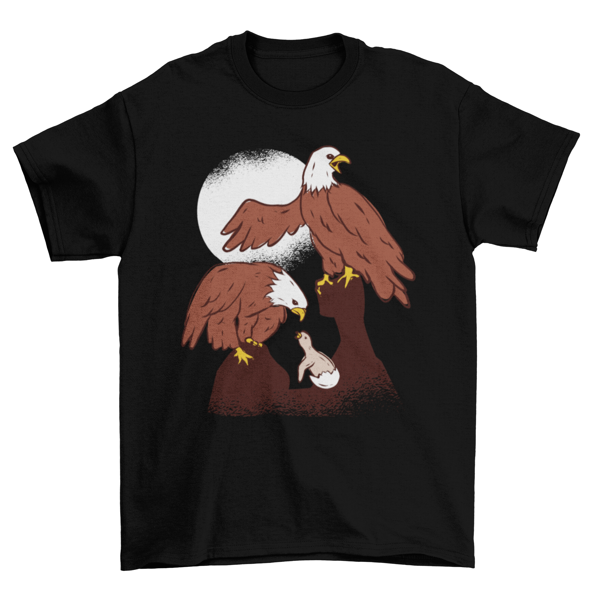 Eagle Family Illustration T-shirt featuring mom, dad, and baby eagle hatching from an egg, showcasing a beautiful wildlife design.