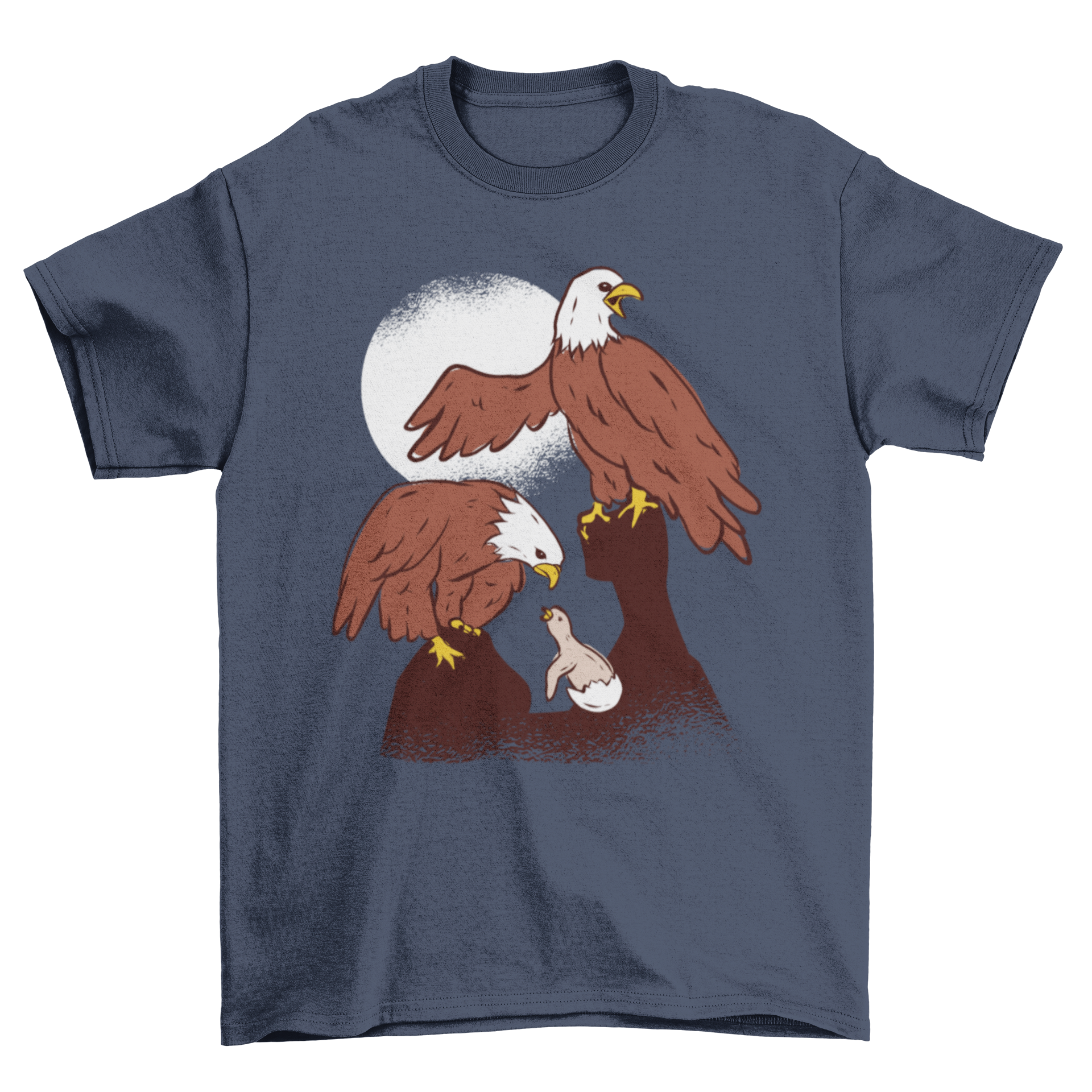 Eagle Family Illustration T-shirt featuring mom, dad, and baby eagle hatching from an egg, showcasing a beautiful wildlife design.