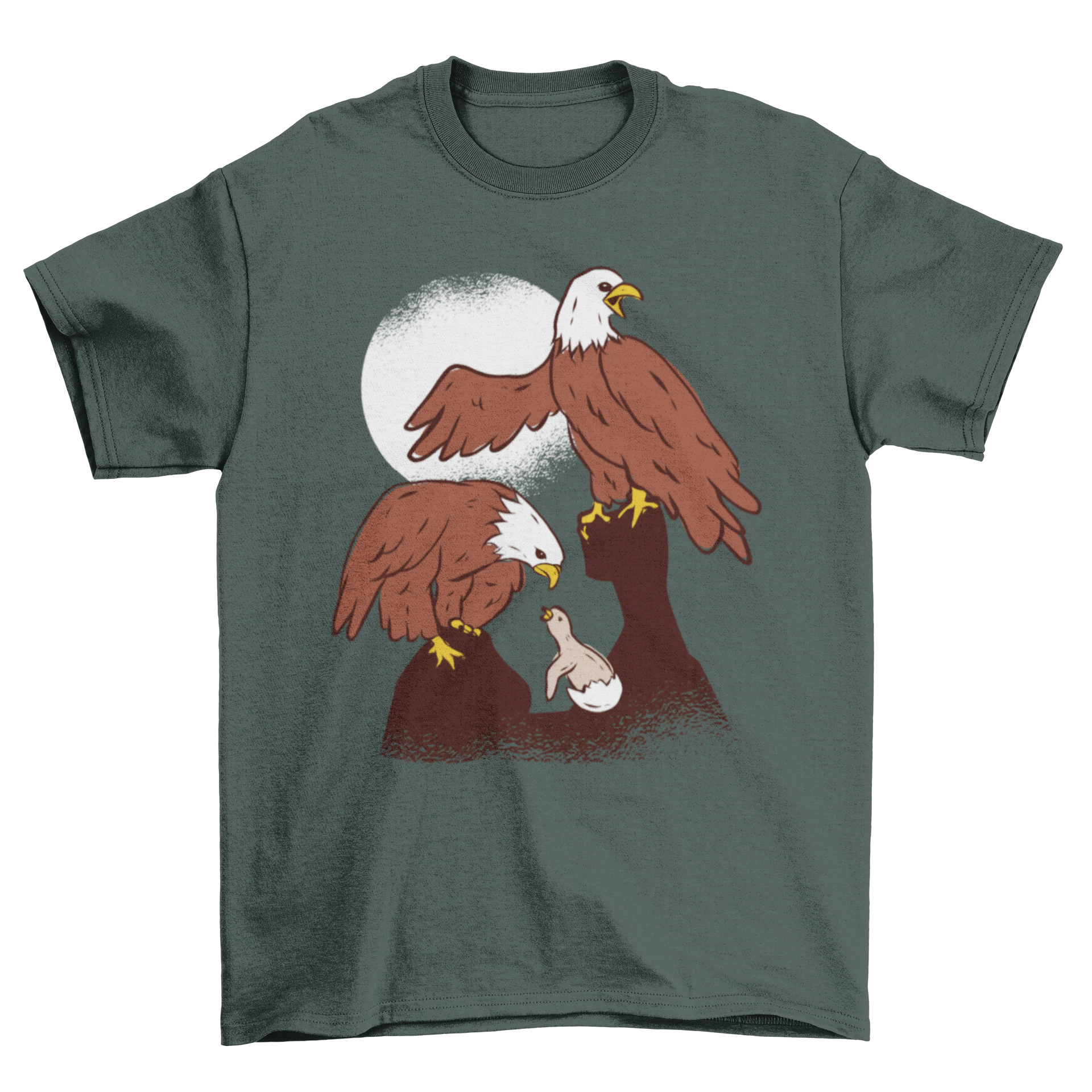 Eagle Family Illustration T-shirt featuring mom, dad, and baby eagle hatching from an egg, showcasing a beautiful wildlife design.