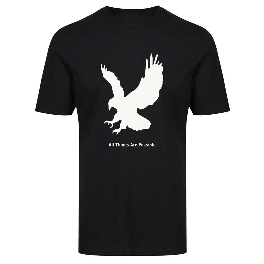 Black Eagle T-shirt featuring a crewneck design, made from a soft cotton-polyester blend, perfect for casual wear.