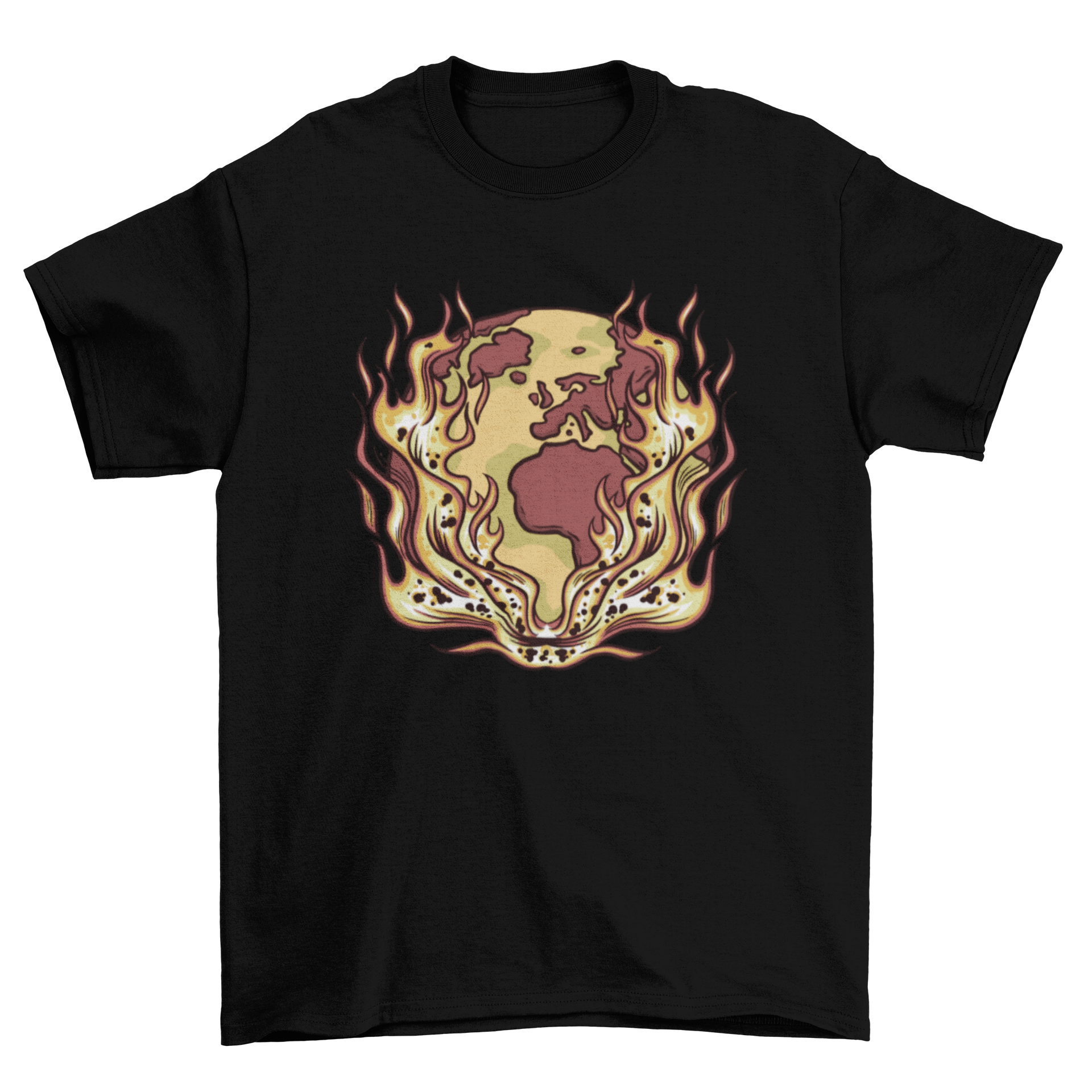 Earth Fire T-Shirt Design featuring a vibrant illustration of the planet on flames, symbolizing climate change awareness.