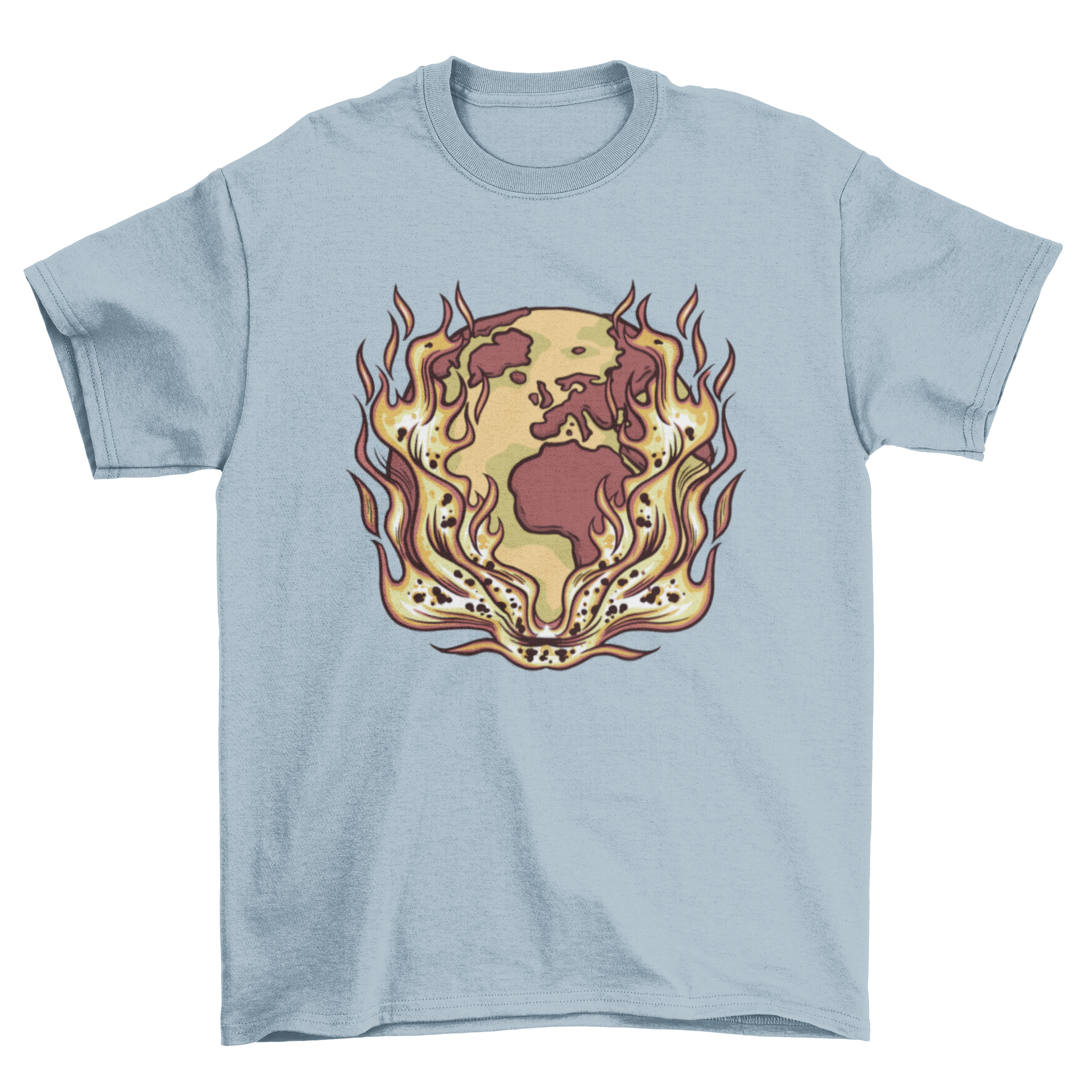 Earth Fire T-Shirt Design featuring a vibrant illustration of the planet on flames, symbolizing climate change awareness.