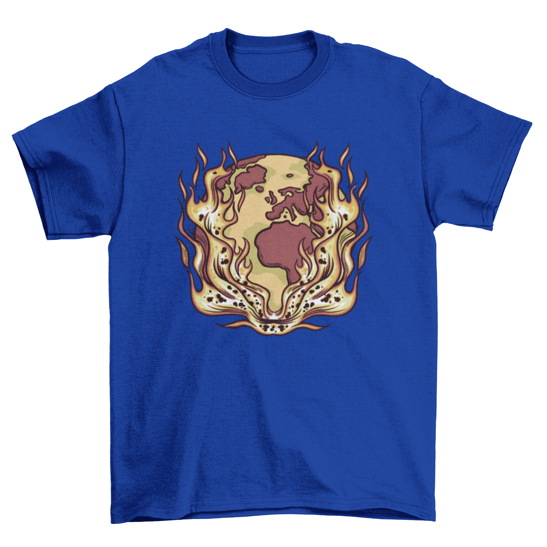 Earth Fire T-Shirt Design featuring a vibrant illustration of the planet on flames, symbolizing climate change awareness.