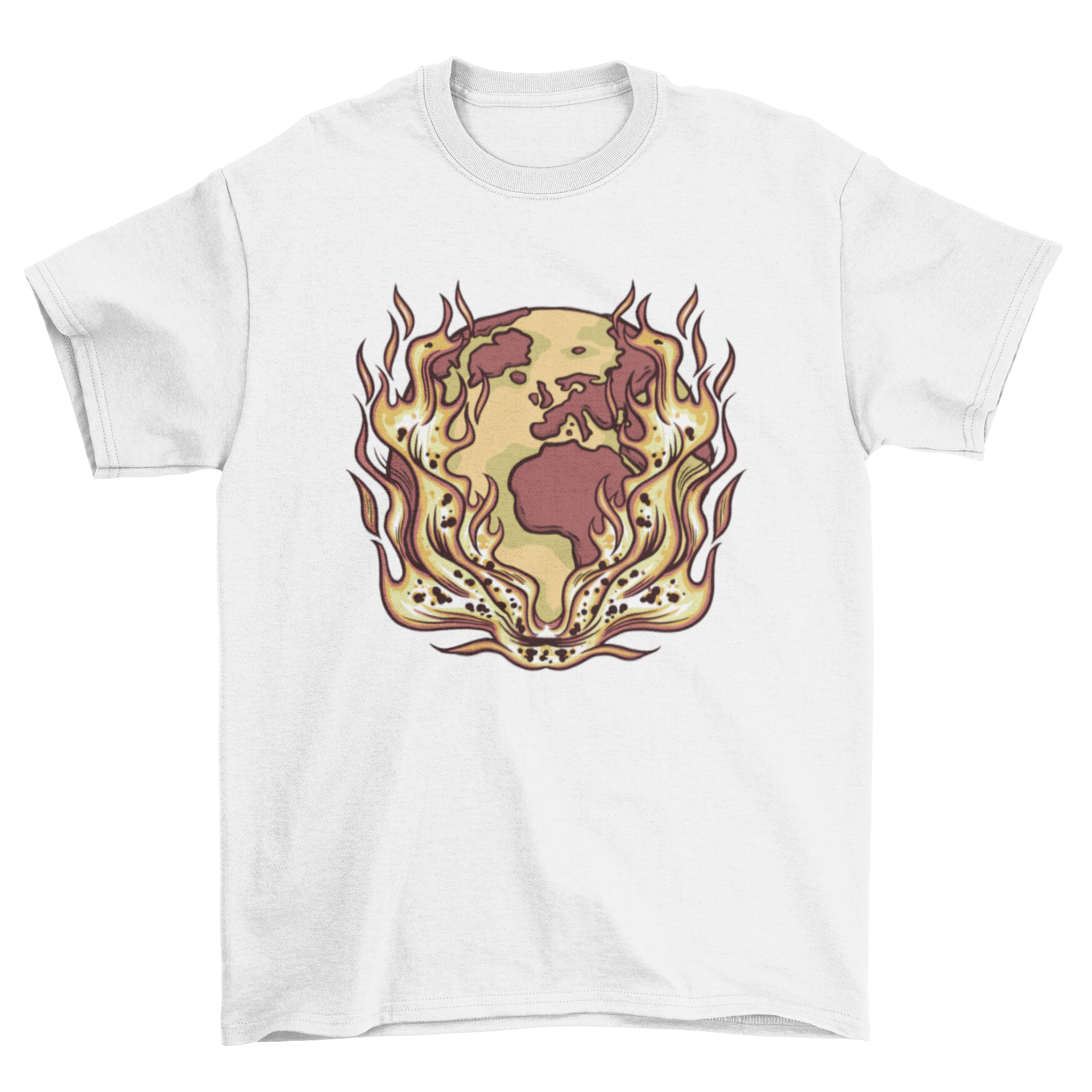 Earth Fire T-Shirt Design featuring a vibrant illustration of the planet on flames, symbolizing climate change awareness.