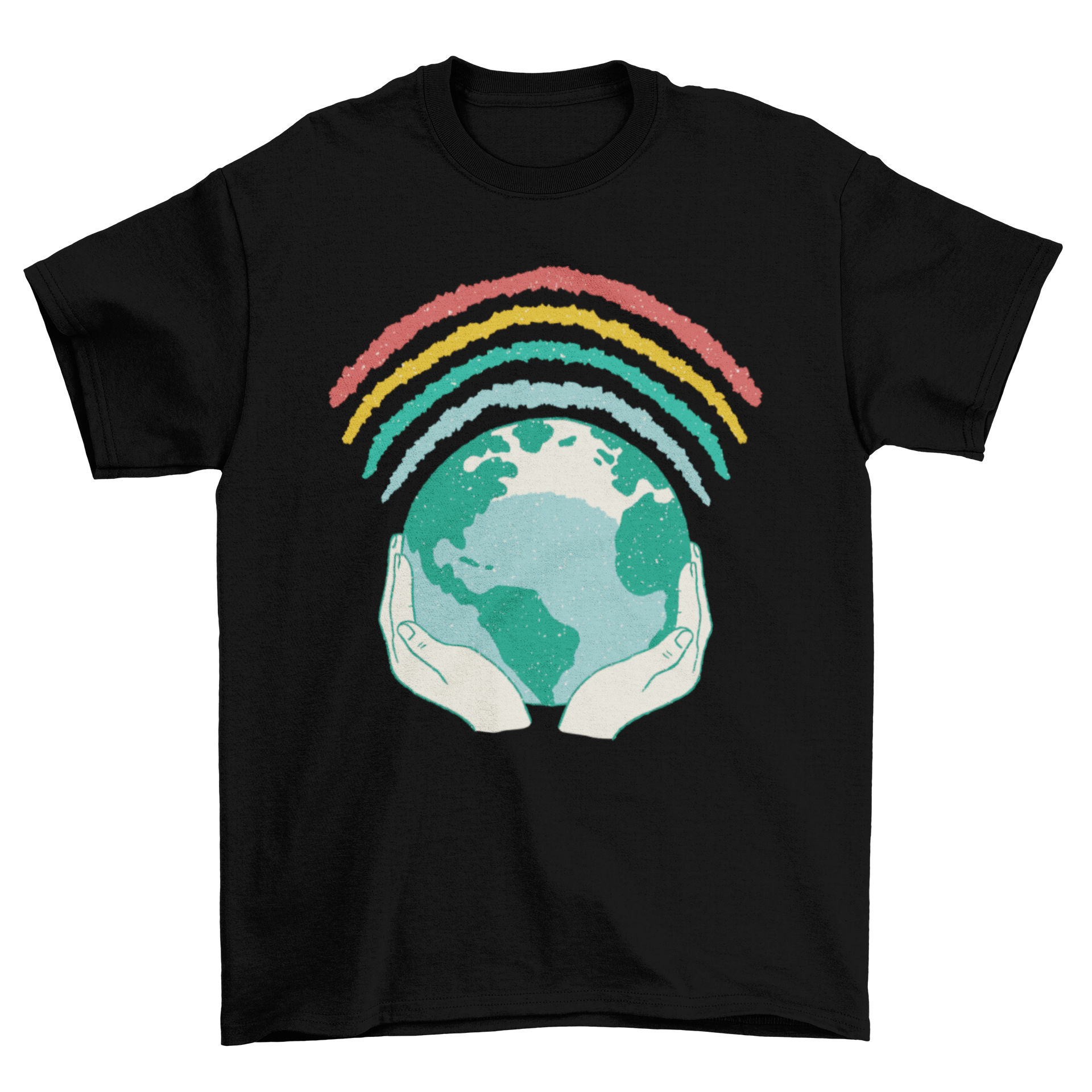 Earth Rainbow T-shirt featuring hands holding the planet Earth with a colorful rainbow above, symbolizing environmental awareness.