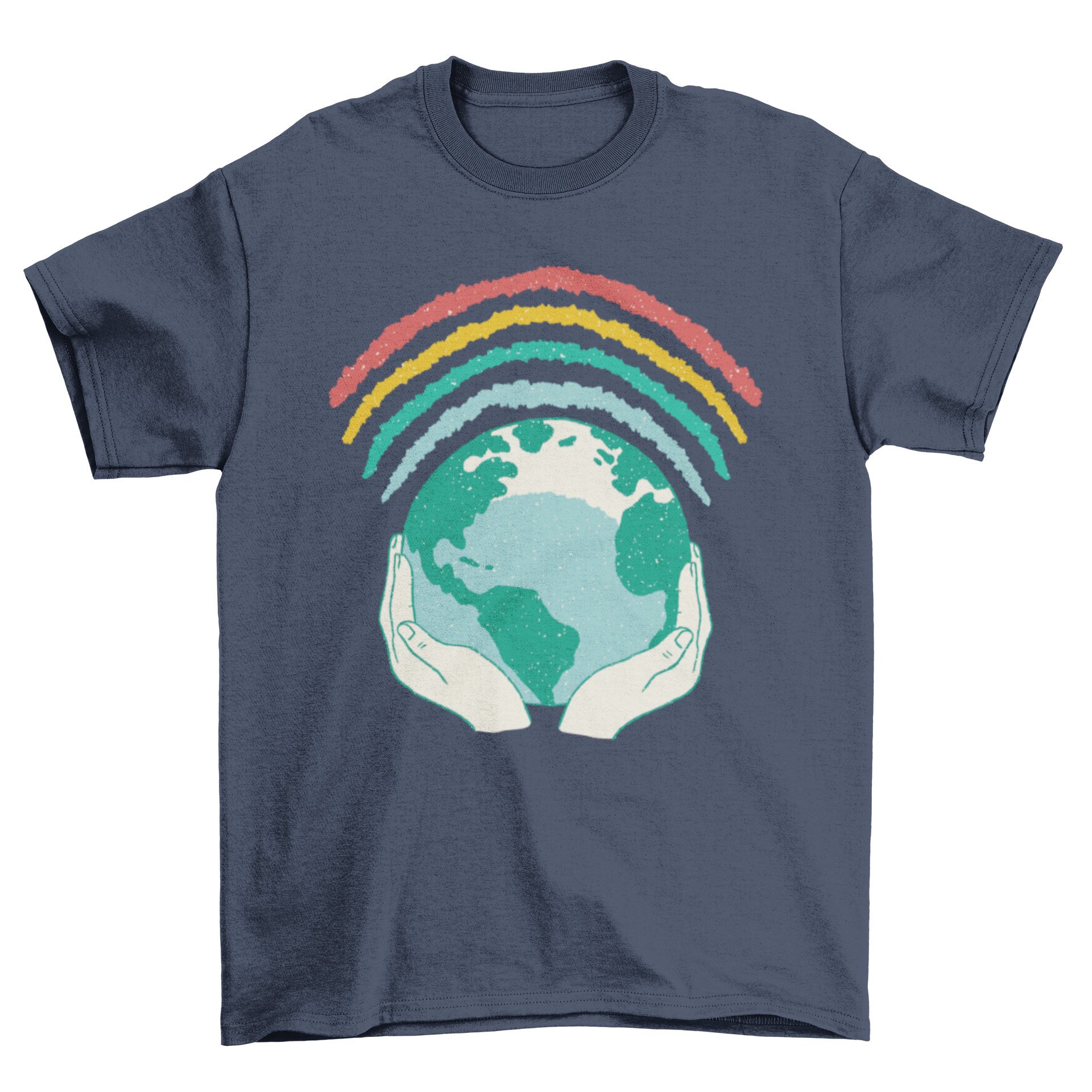 Earth Rainbow T-shirt featuring hands holding the planet Earth with a colorful rainbow above, symbolizing environmental awareness.