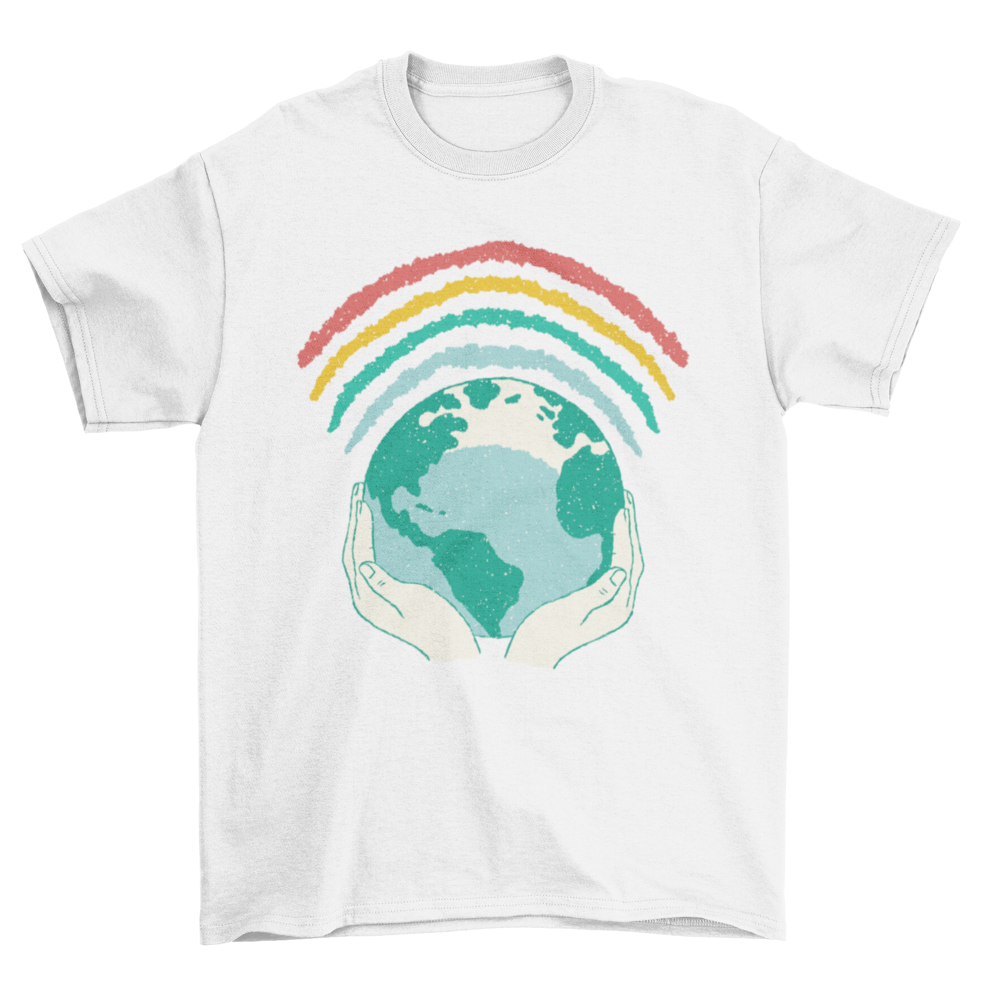 Earth Rainbow T-shirt featuring hands holding the planet Earth with a colorful rainbow above, symbolizing environmental awareness.