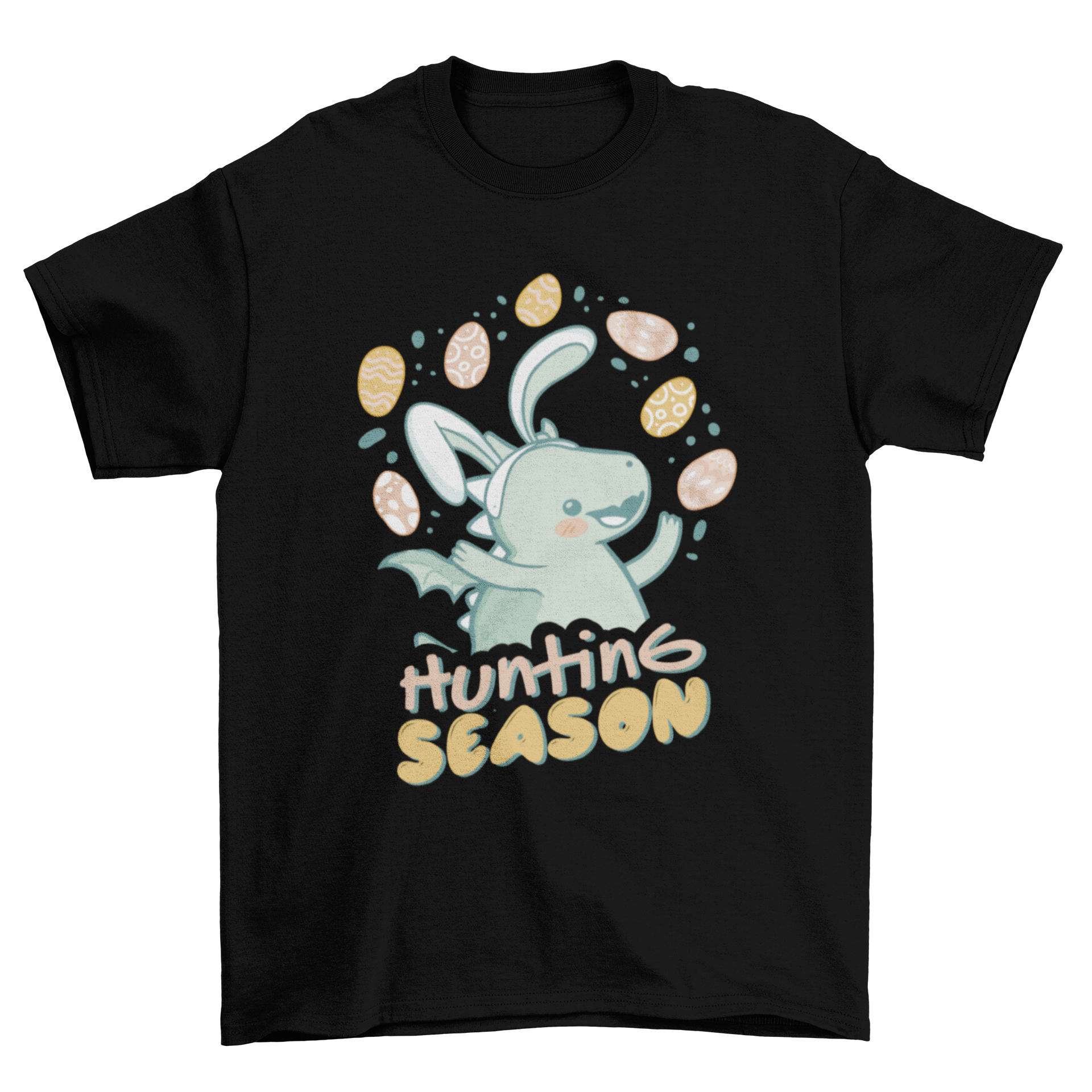 Adorable t-shirt featuring a baby dragon with bunny ears and the quote 'Hunting season' for Easter celebrations.