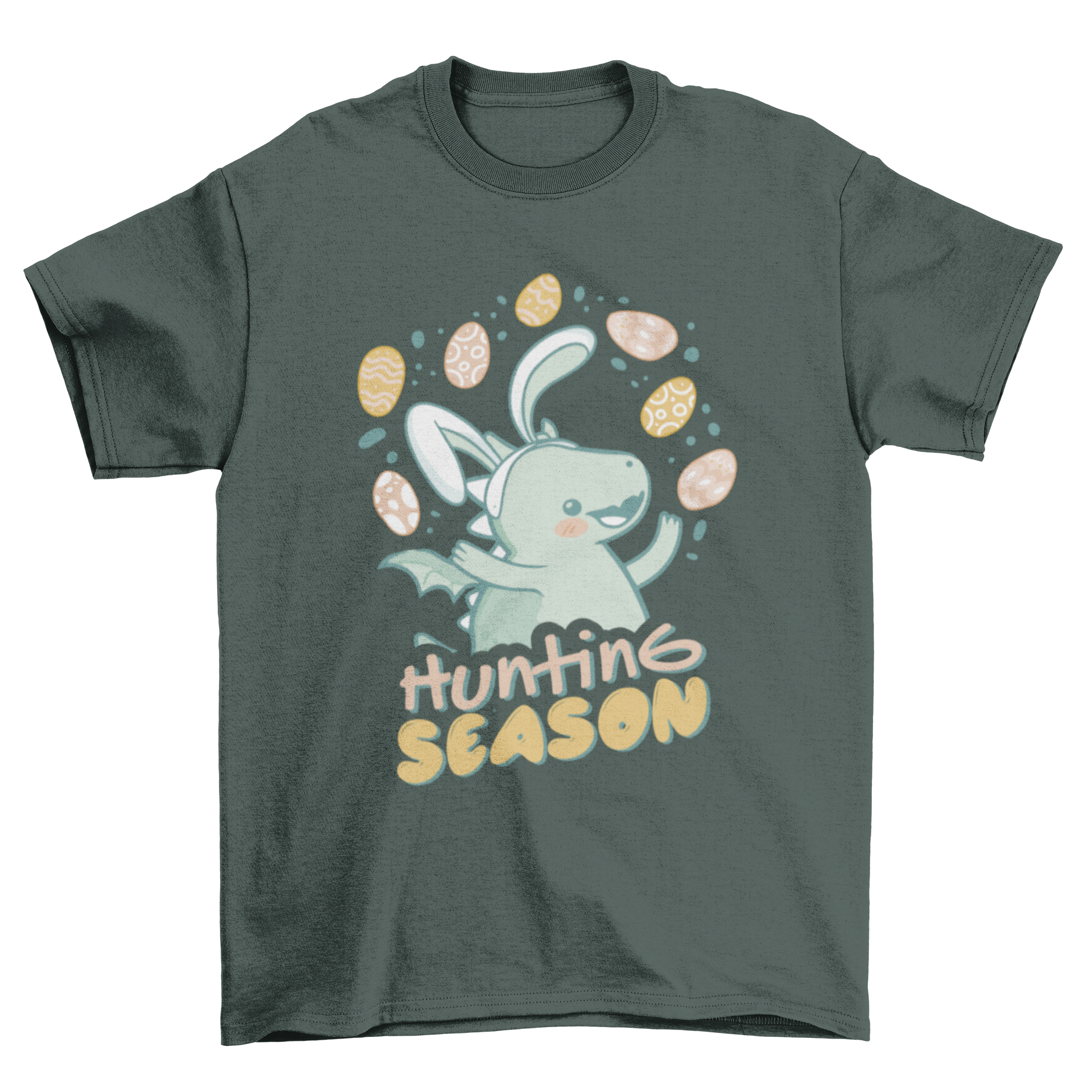 Adorable t-shirt featuring a baby dragon with bunny ears and the quote 'Hunting season' for Easter celebrations.