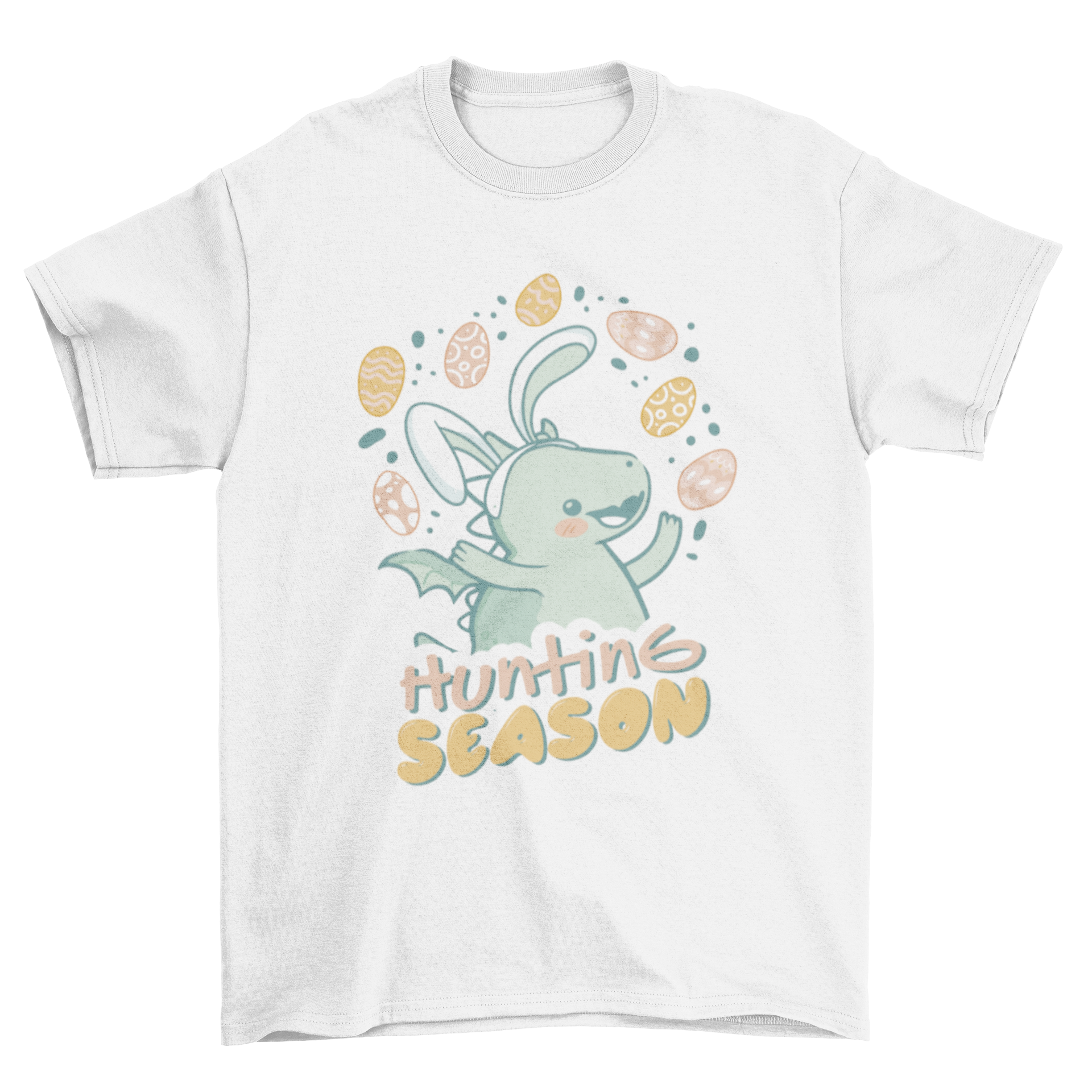 Adorable t-shirt featuring a baby dragon with bunny ears and the quote 'Hunting season' for Easter celebrations.