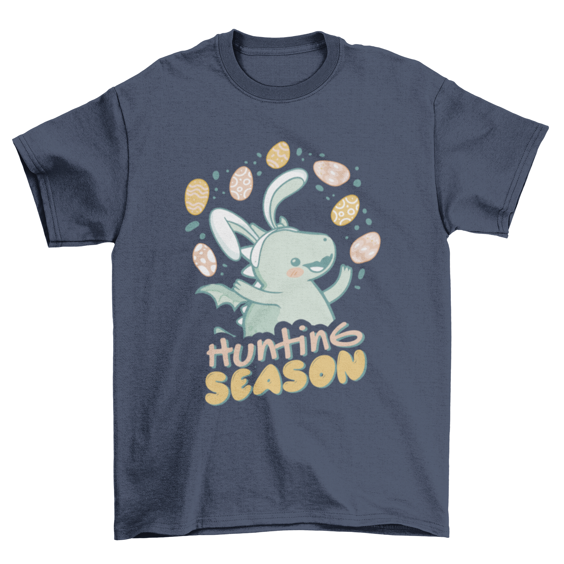 Adorable t-shirt featuring a baby dragon with bunny ears and the quote 'Hunting season' for Easter celebrations.