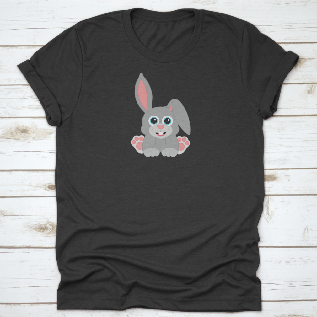 Easter Baby Grey Bunny T-Shirt featuring a happy sitting bunny design, made from soft cotton fabric.