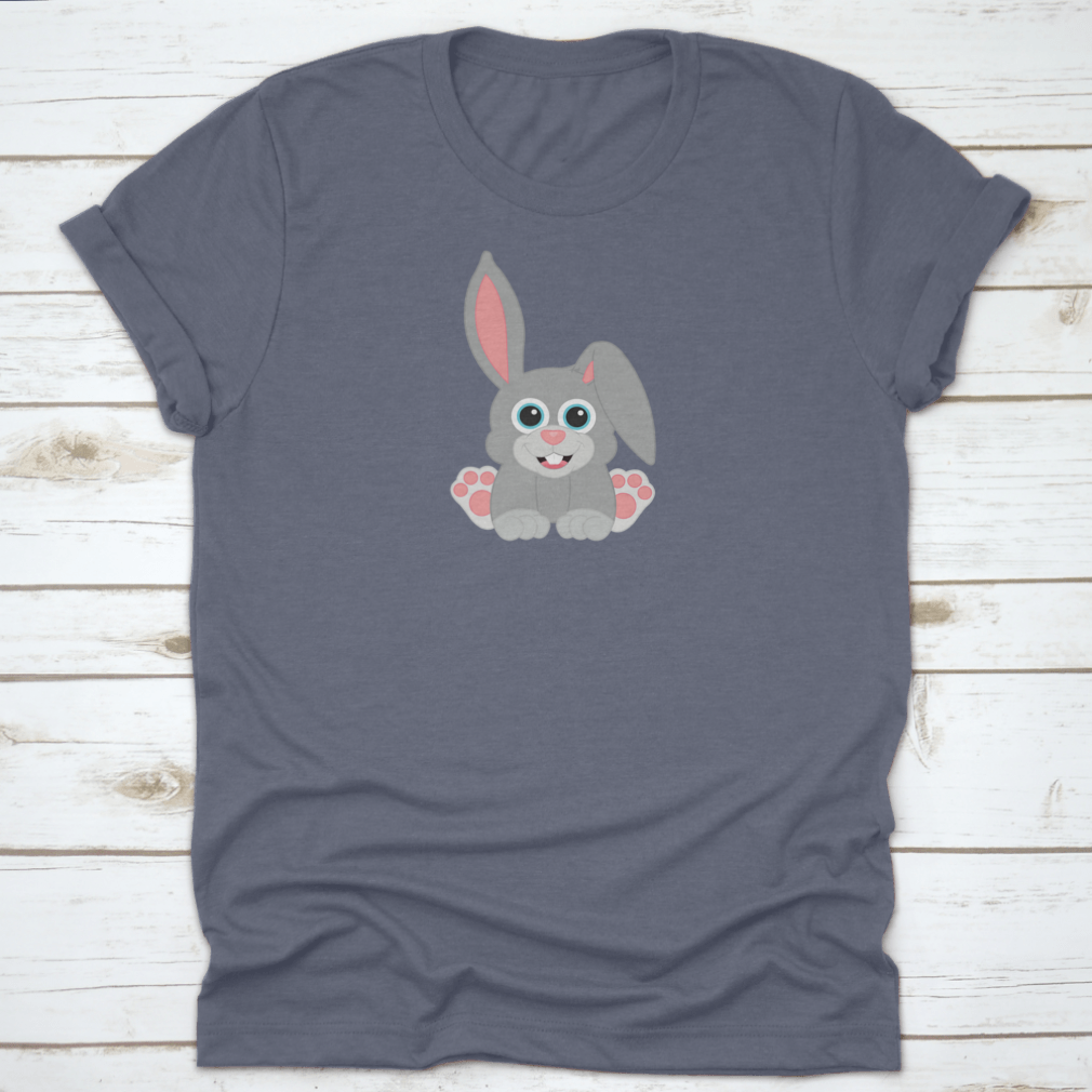 Easter Baby Grey Bunny T-Shirt featuring a happy sitting bunny design, made from soft cotton fabric.