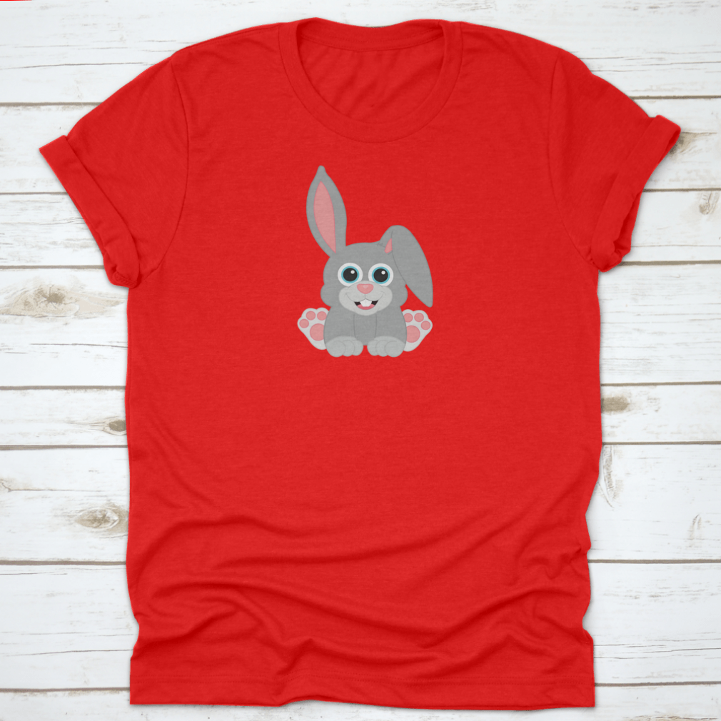 Easter Baby Grey Bunny T-Shirt featuring a happy sitting bunny design, made from soft cotton fabric.