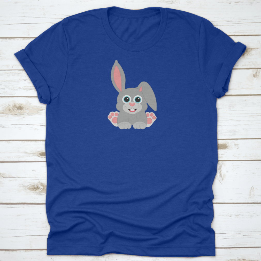 Easter Baby Grey Bunny T-Shirt featuring a happy sitting bunny design, made from soft cotton fabric.