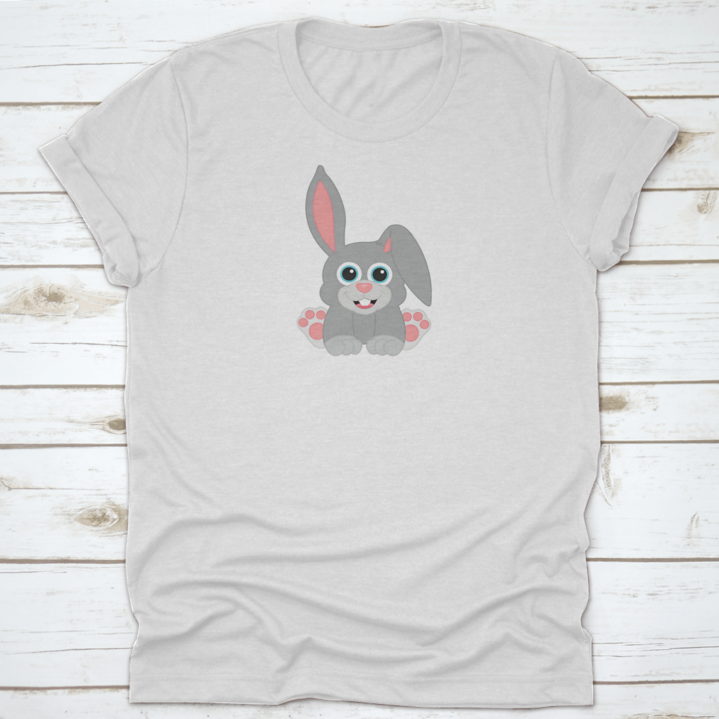 Easter Baby Grey Bunny T-Shirt featuring a happy sitting bunny design, made from soft cotton fabric.