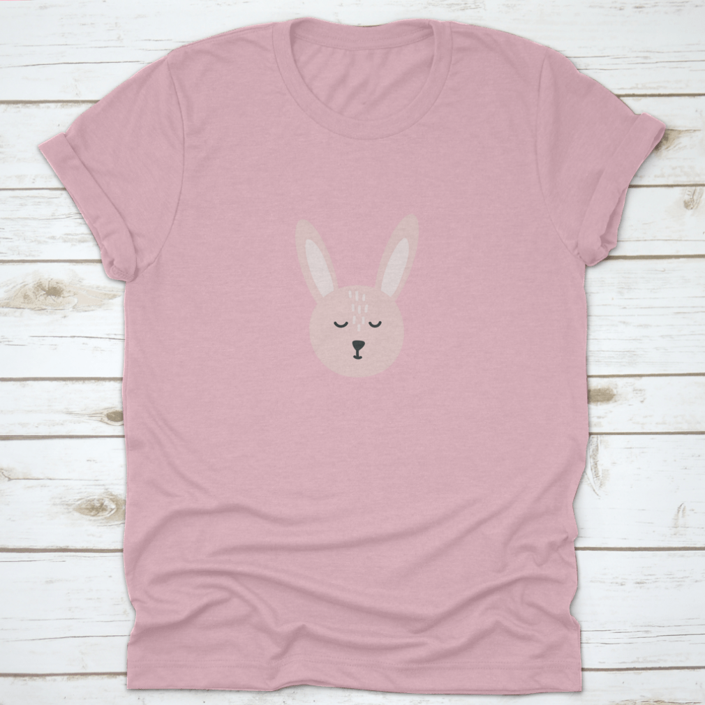 Easter Bunny T-shirt design featuring a cute bunny face with closed eyes, made from soft cotton fabric.