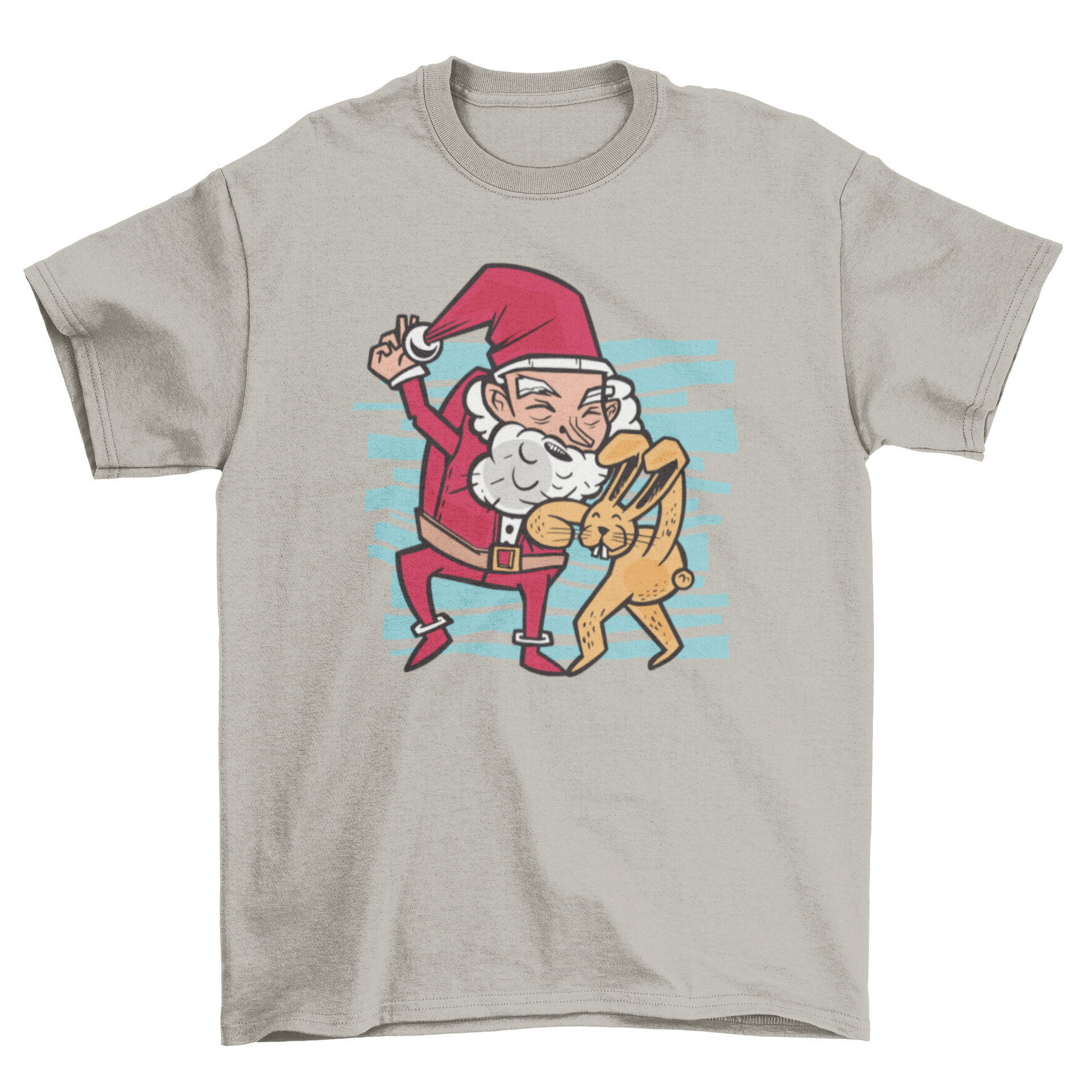 A humorous t-shirt design featuring the Easter bunny playfully kicking Santa Claus out of the picture, showcasing vibrant colors and fun graphics.