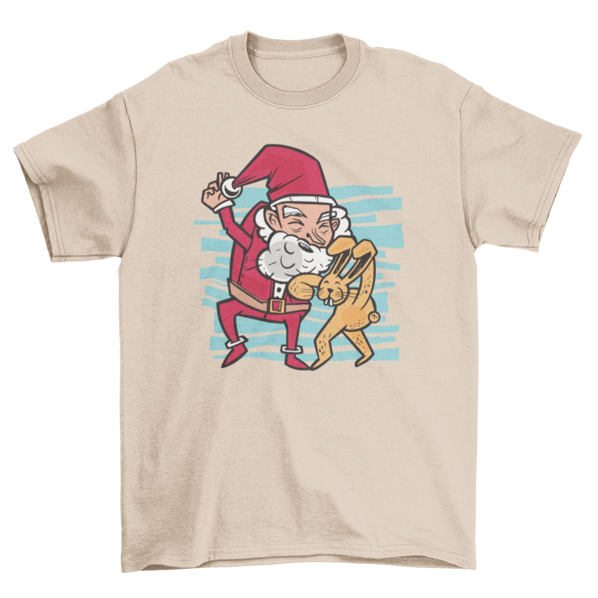 A humorous t-shirt design featuring the Easter bunny playfully kicking Santa Claus out of the picture, showcasing vibrant colors and fun graphics.