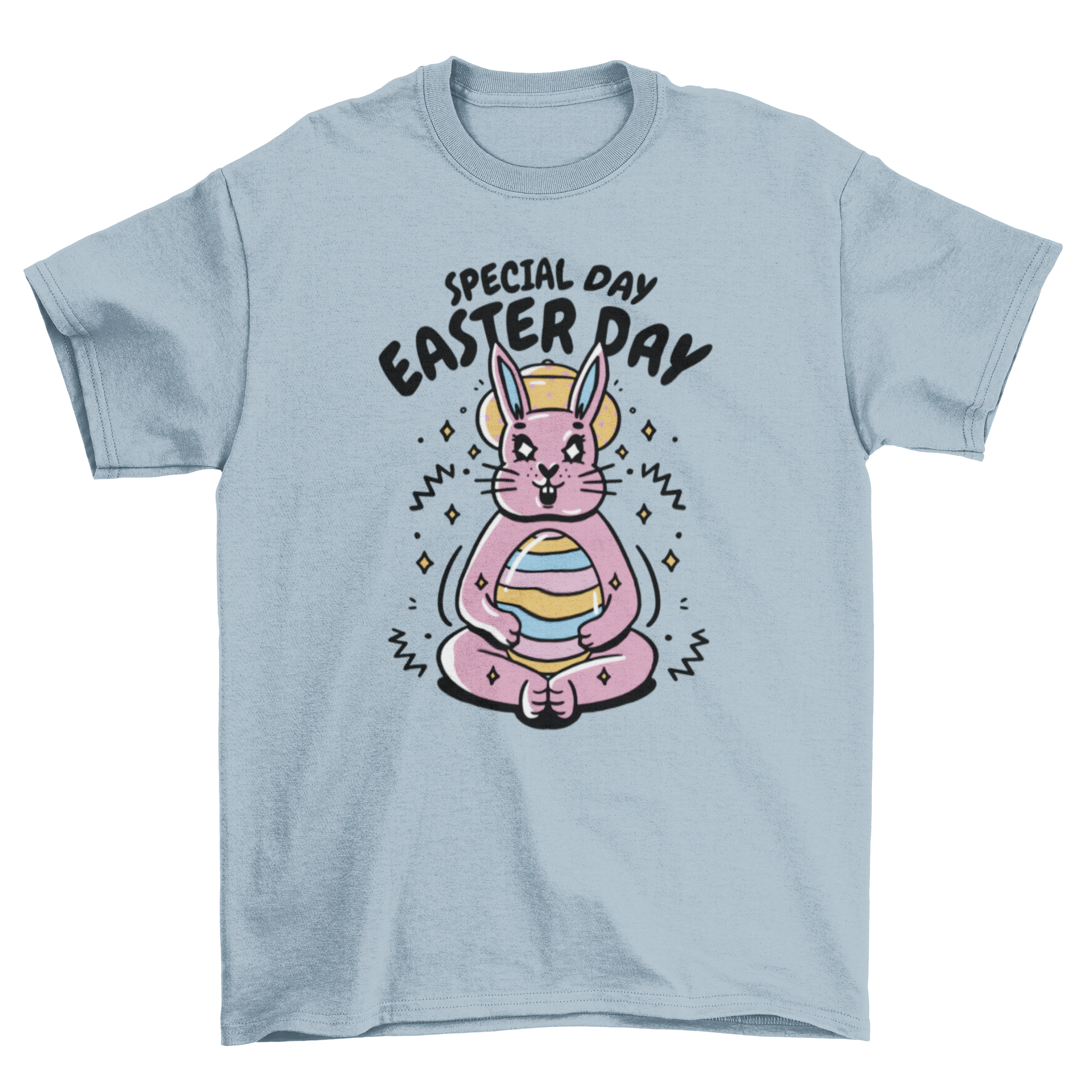 A fun Easter t-shirt featuring a cute bunny holding an Easter egg with the quote 'Special day Easter day'.