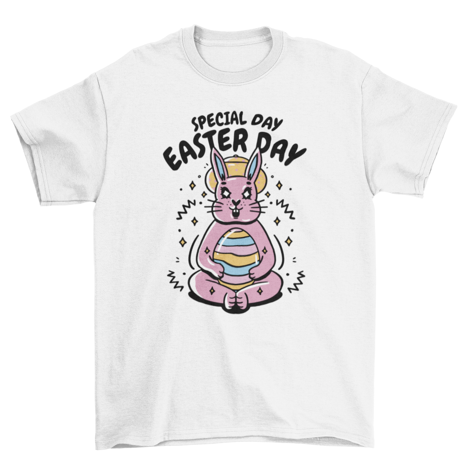 A fun Easter t-shirt featuring a cute bunny holding an Easter egg with the quote 'Special day Easter day'.