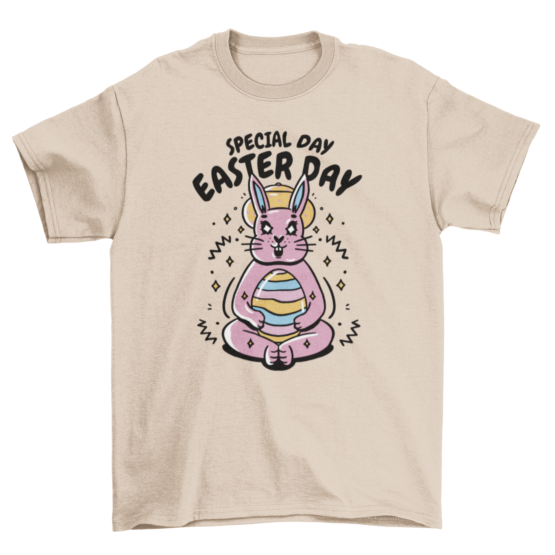 A fun Easter t-shirt featuring a cute bunny holding an Easter egg with the quote 'Special day Easter day'.