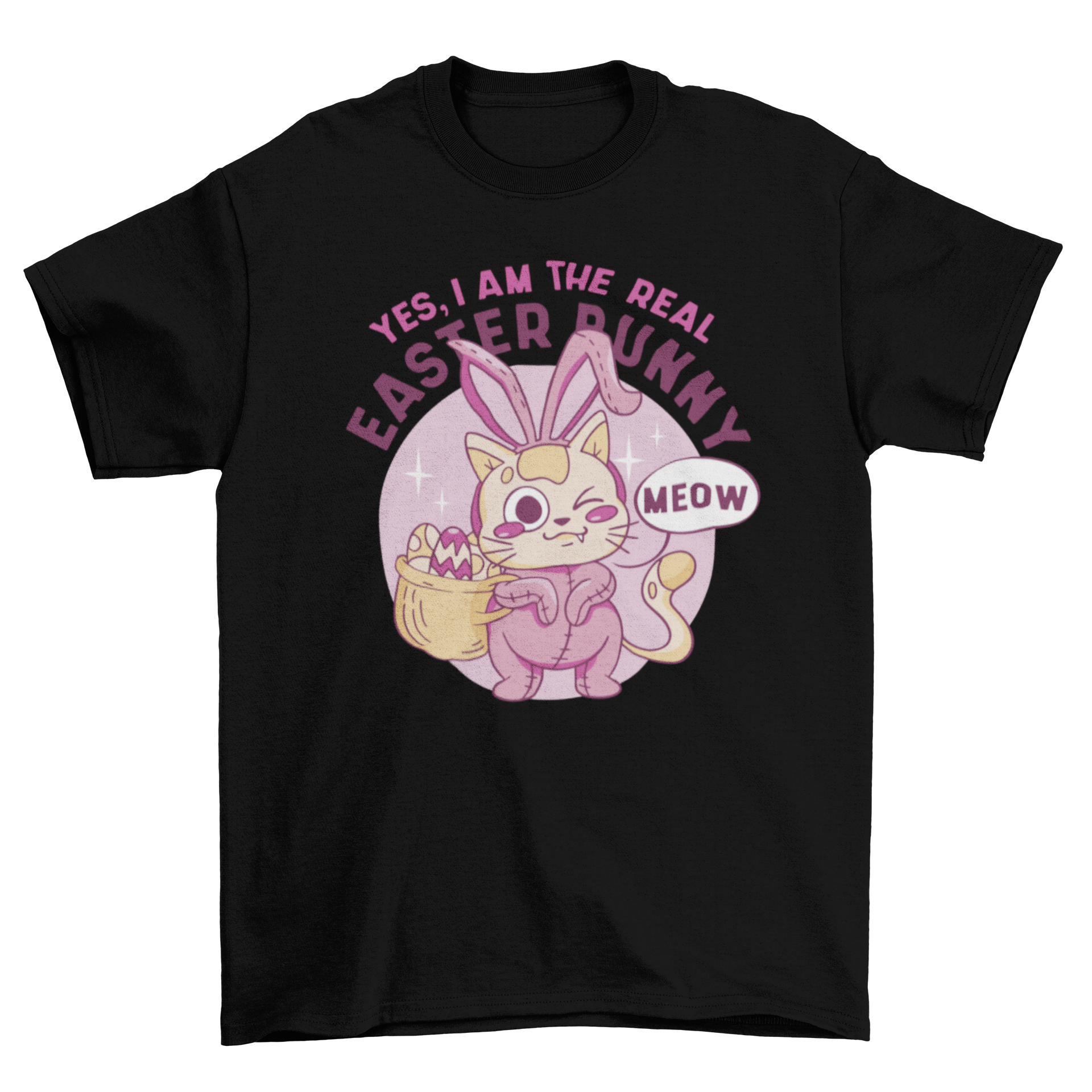 A cute cat dressed in a bunny costume with the quote 'Yes, I am the real Easter bunny' on a t-shirt.