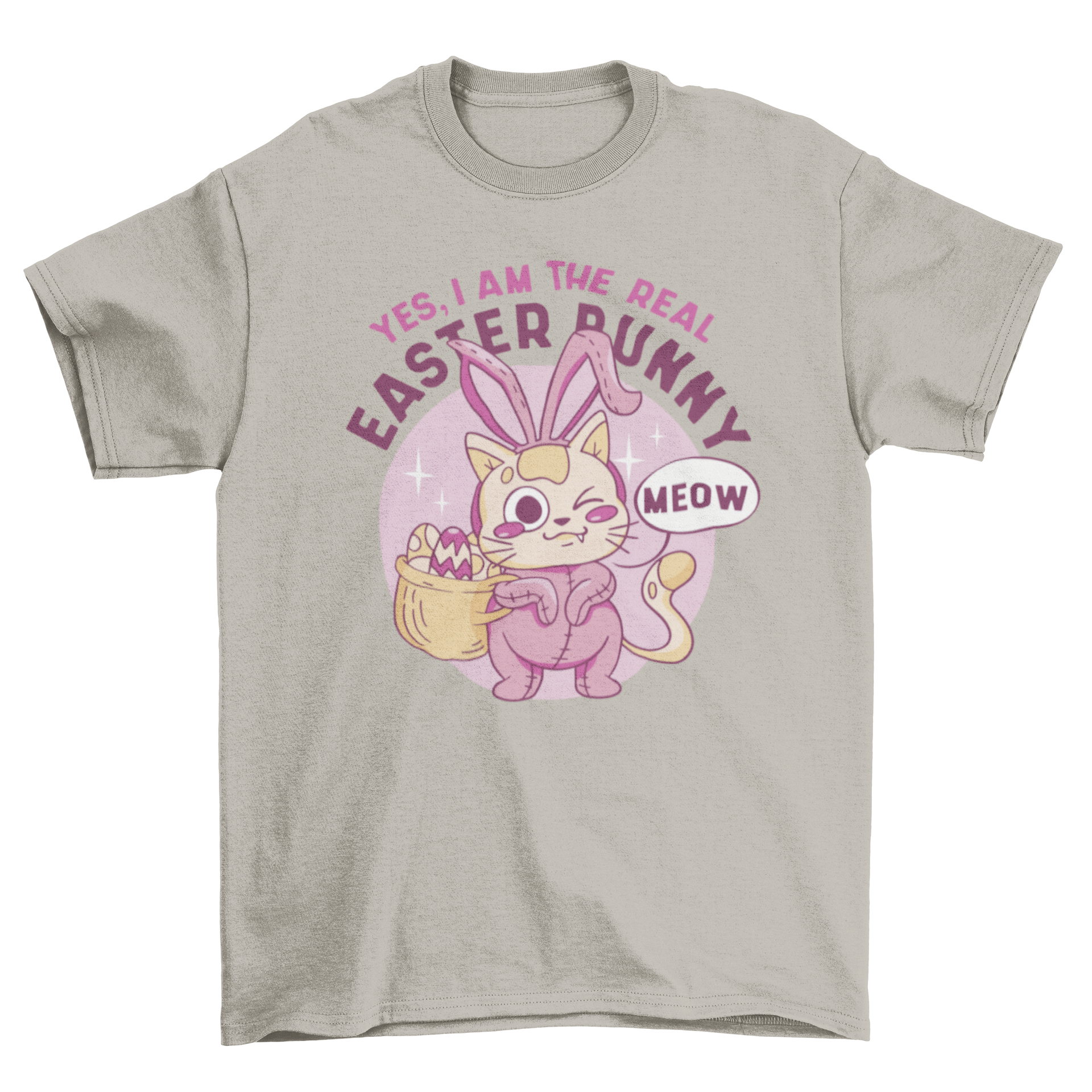 A cute cat dressed in a bunny costume with the quote 'Yes, I am the real Easter bunny' on a t-shirt.