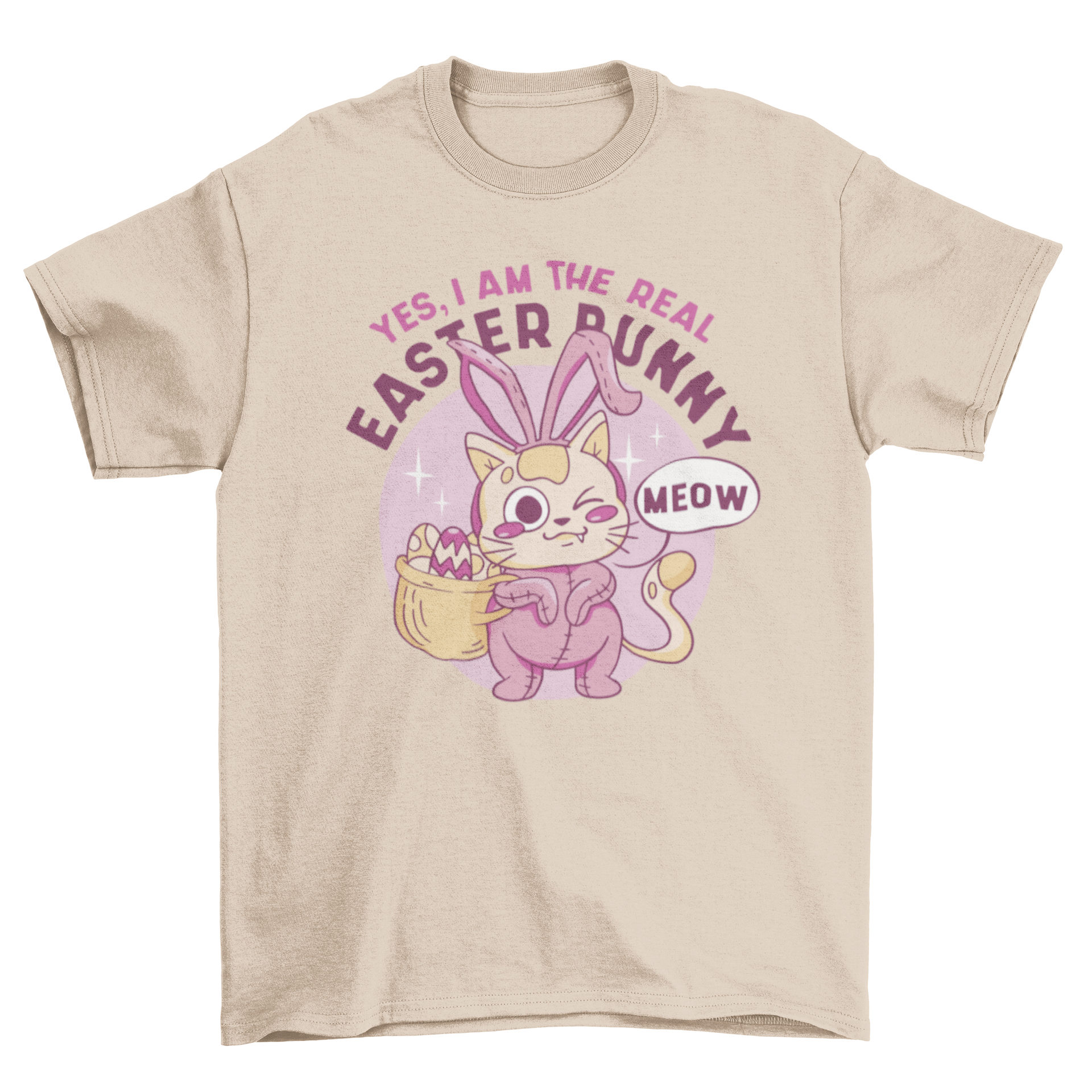 A cute cat dressed in a bunny costume with the quote 'Yes, I am the real Easter bunny' on a t-shirt.