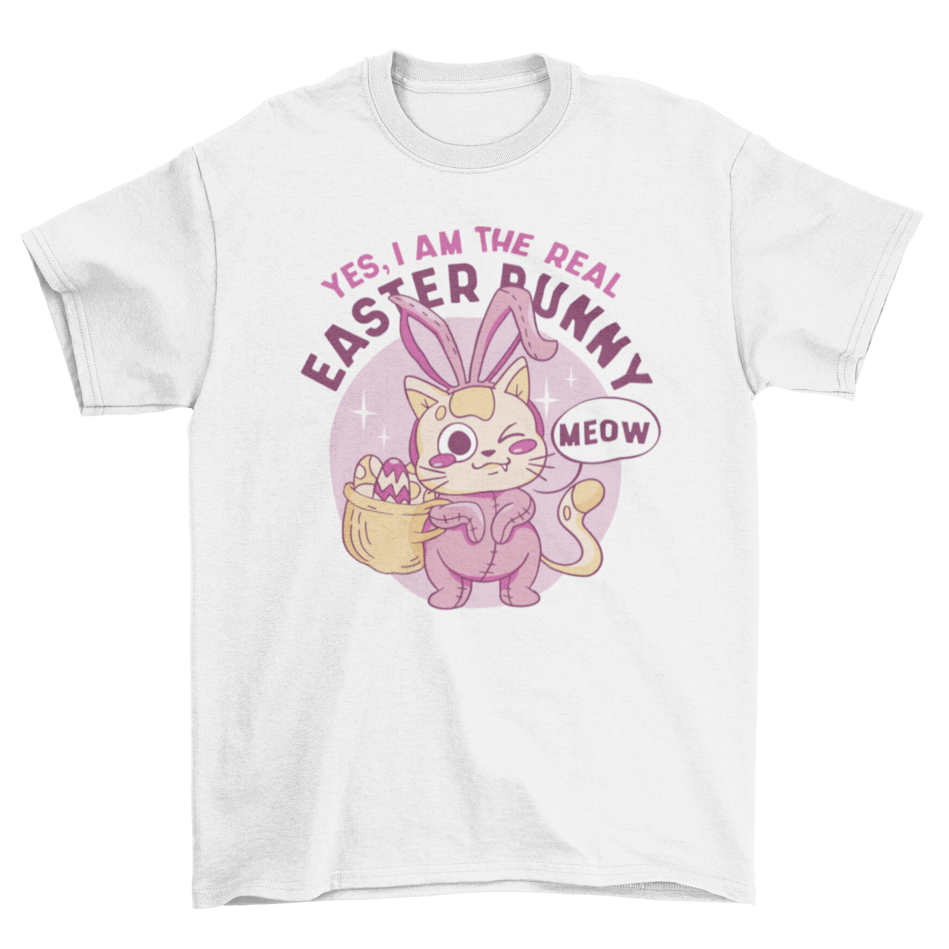 A cute cat dressed in a bunny costume with the quote 'Yes, I am the real Easter bunny' on a t-shirt.