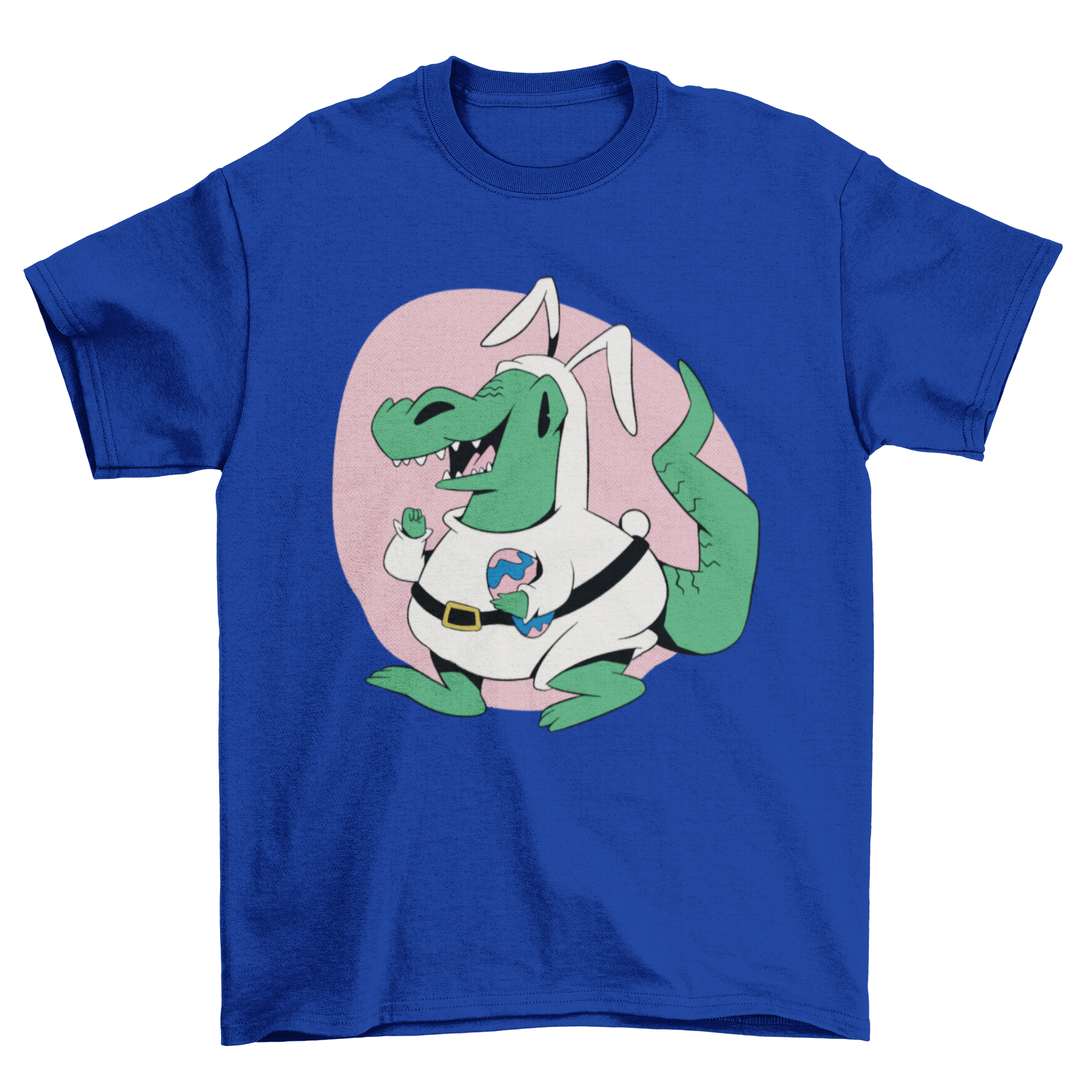 A colorful cartoon t-shirt design featuring a dinosaur dressed as an Easter bunny, perfect for festive celebrations.