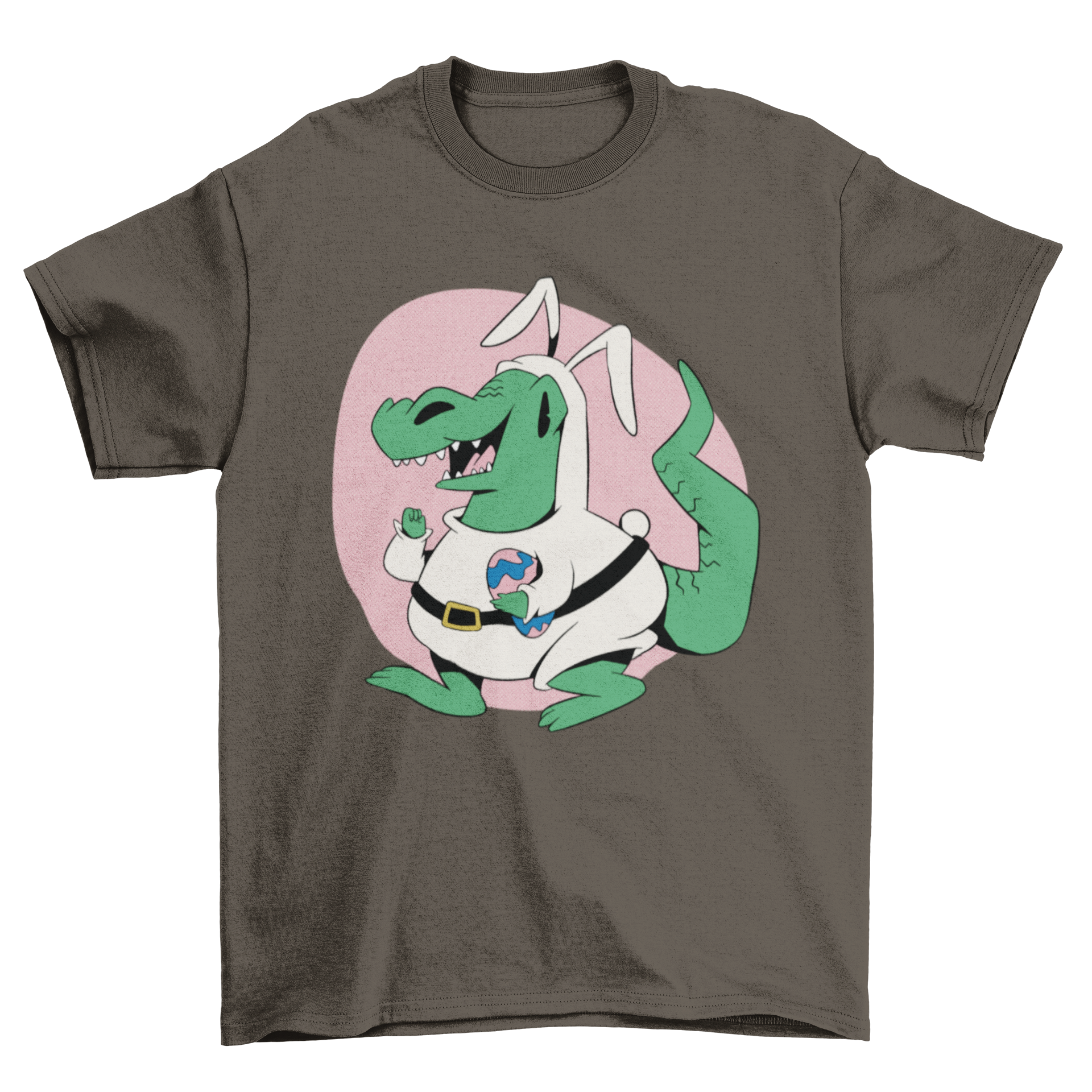 A colorful cartoon t-shirt design featuring a dinosaur dressed as an Easter bunny, perfect for festive celebrations.