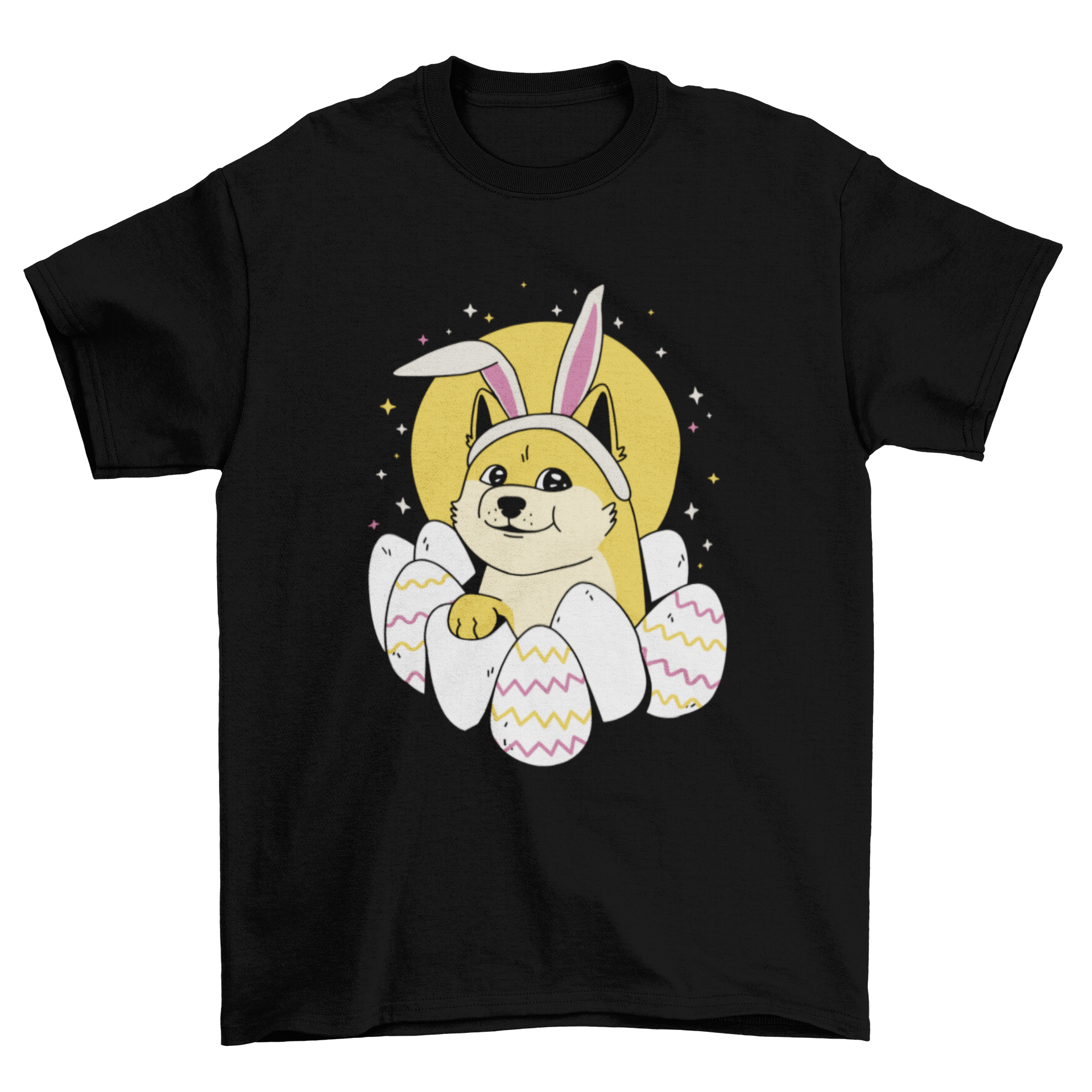 Easter-themed Dogecoin t-shirt featuring Doge with bunny ears and colorful Easter eggs.