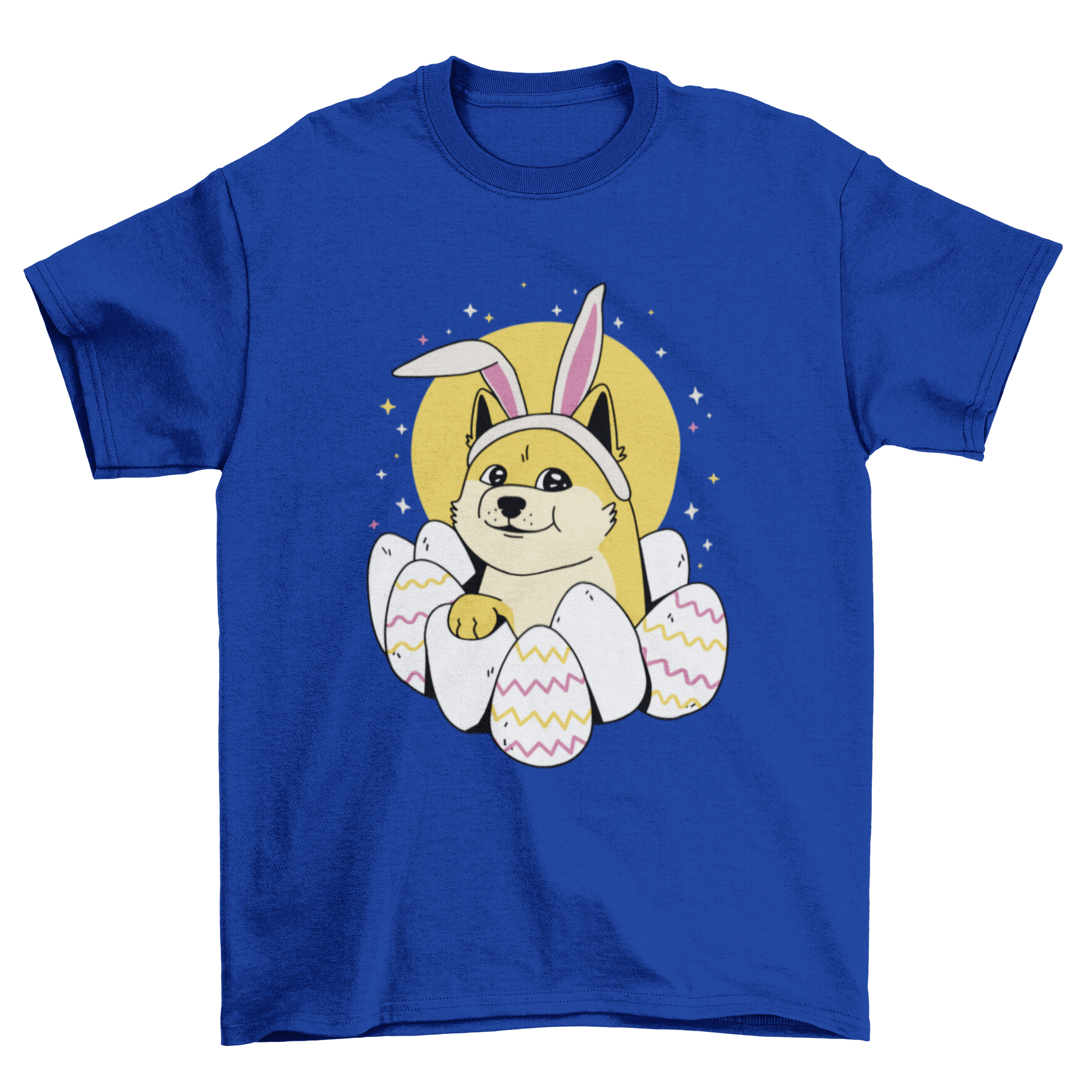 Easter-themed Dogecoin t-shirt featuring Doge with bunny ears and colorful Easter eggs.