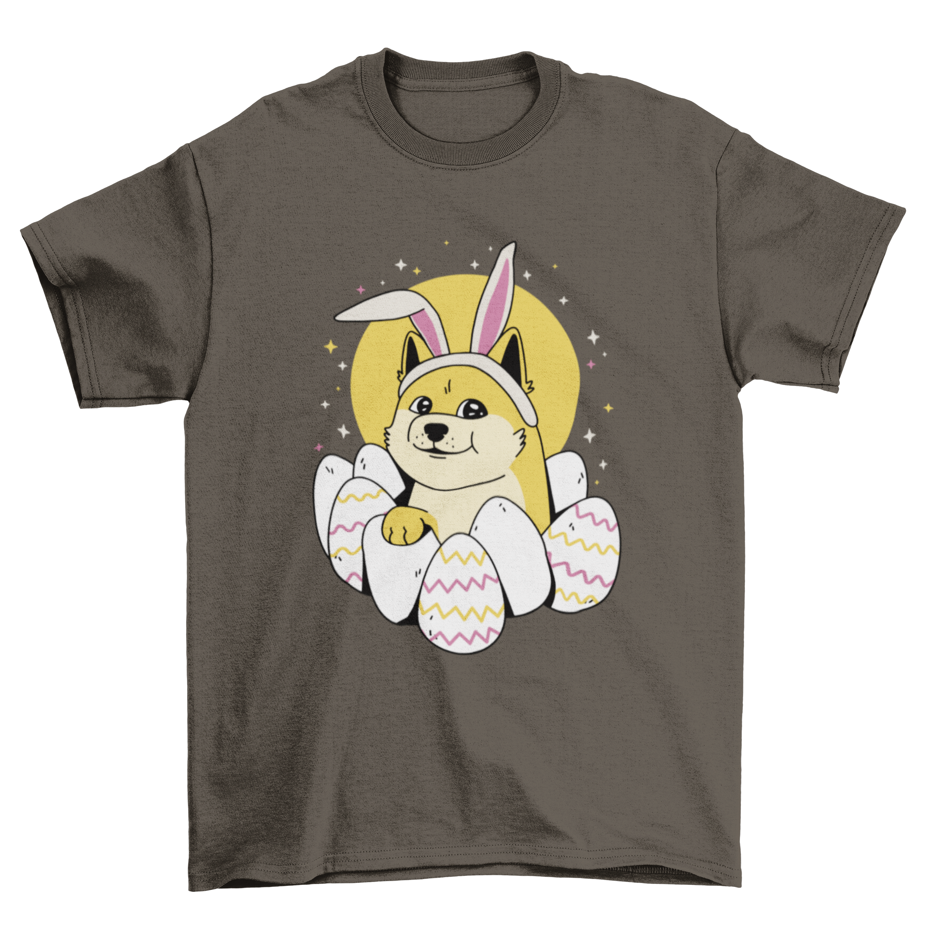 Easter-themed Dogecoin t-shirt featuring Doge with bunny ears and colorful Easter eggs.