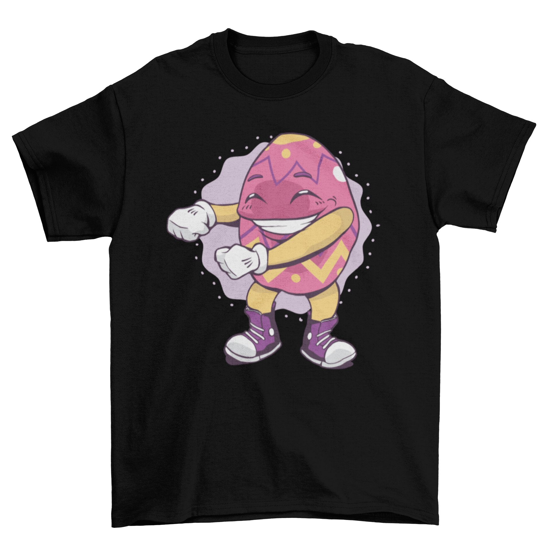 A colorful t-shirt featuring a cartoon Easter egg dancing the floss dance move, perfect for Easter celebrations.