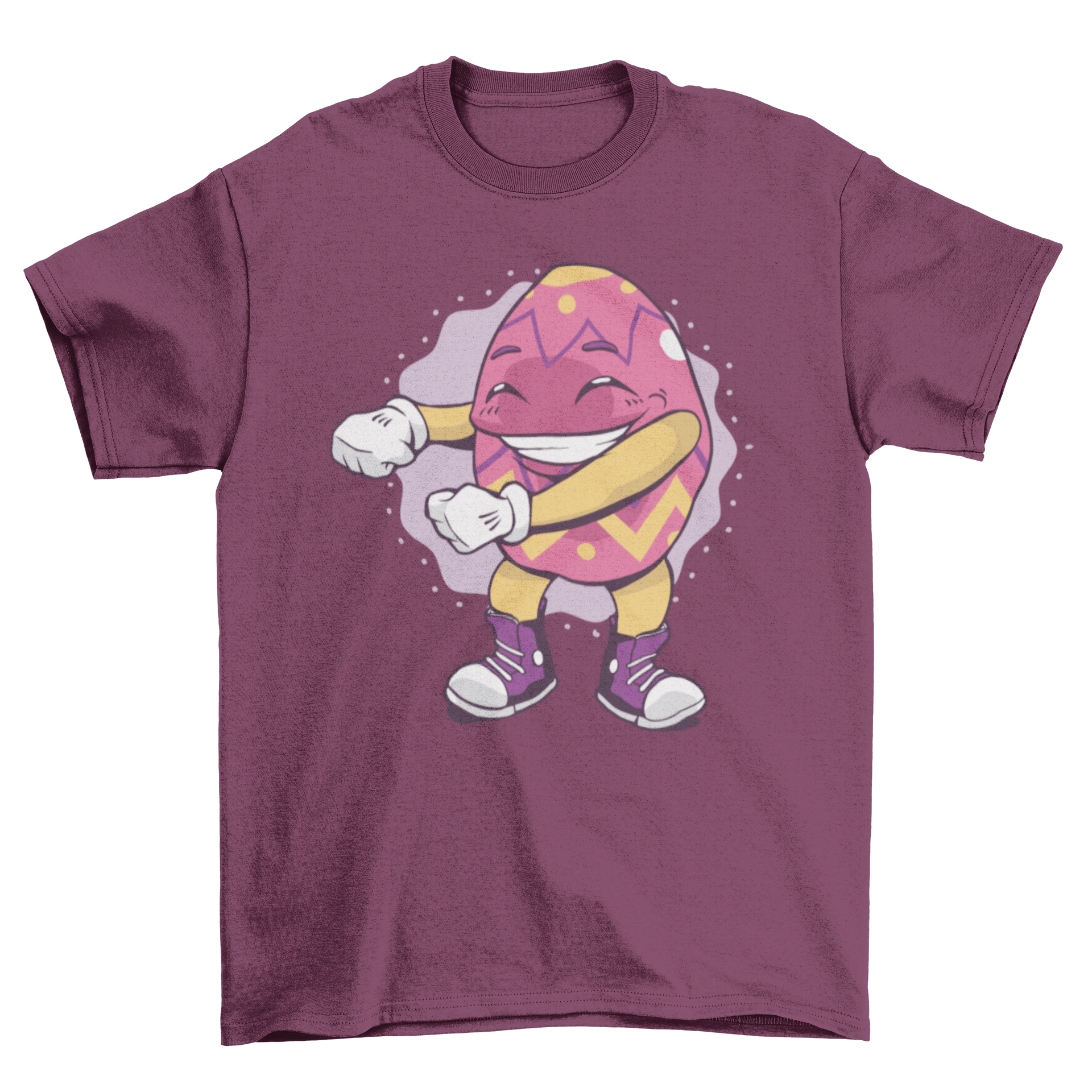 A colorful t-shirt featuring a cartoon Easter egg dancing the floss dance move, perfect for Easter celebrations.