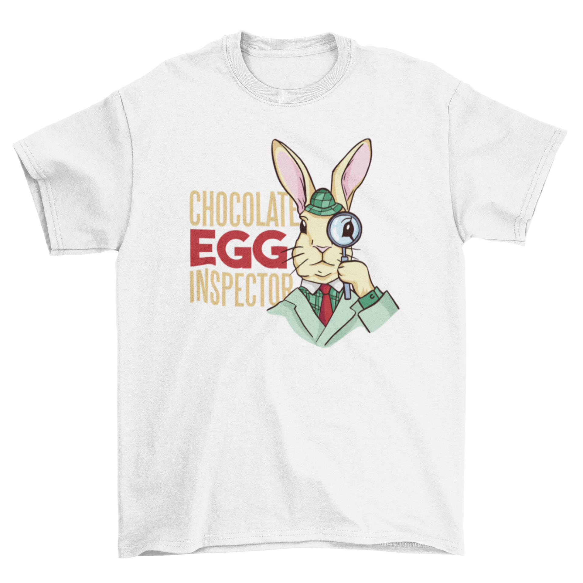 Easter Egg Inspector T-shirt featuring a rabbit dressed as an inspector with a quote.